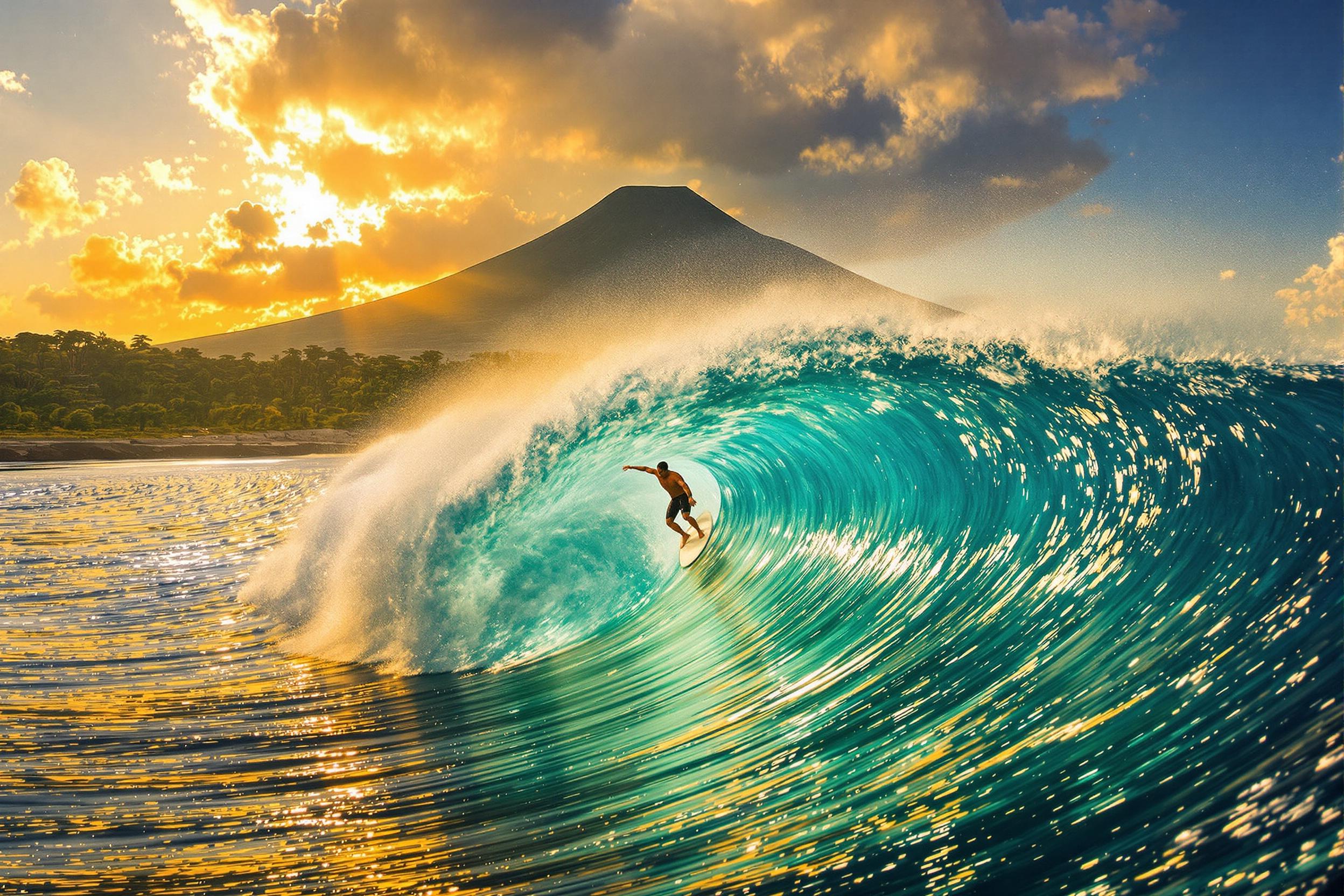 Epic Wave Surfer Amid Tropical Splendor