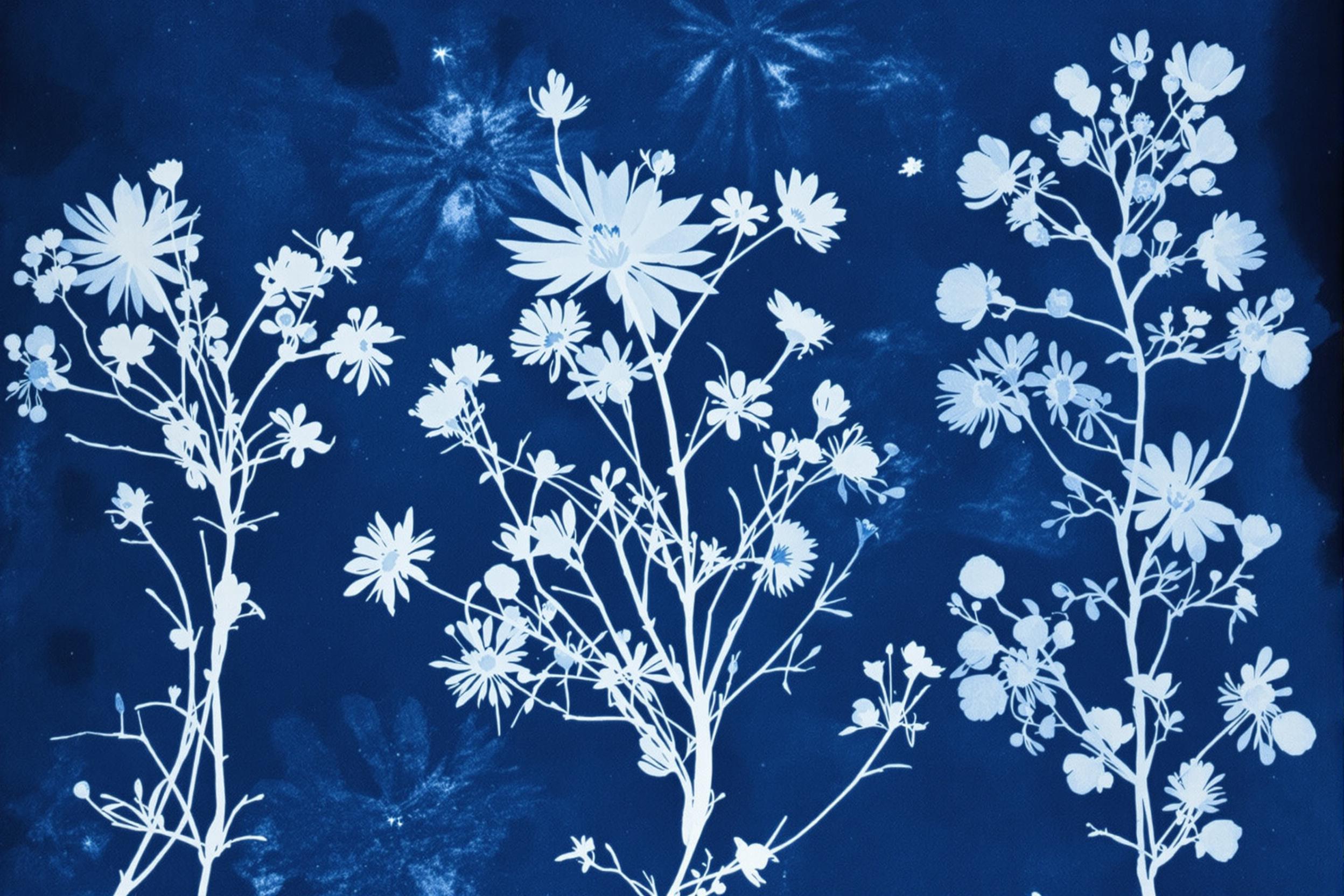 Experimental Cyanotype Botanicals: Sunlight-Exposed Flora