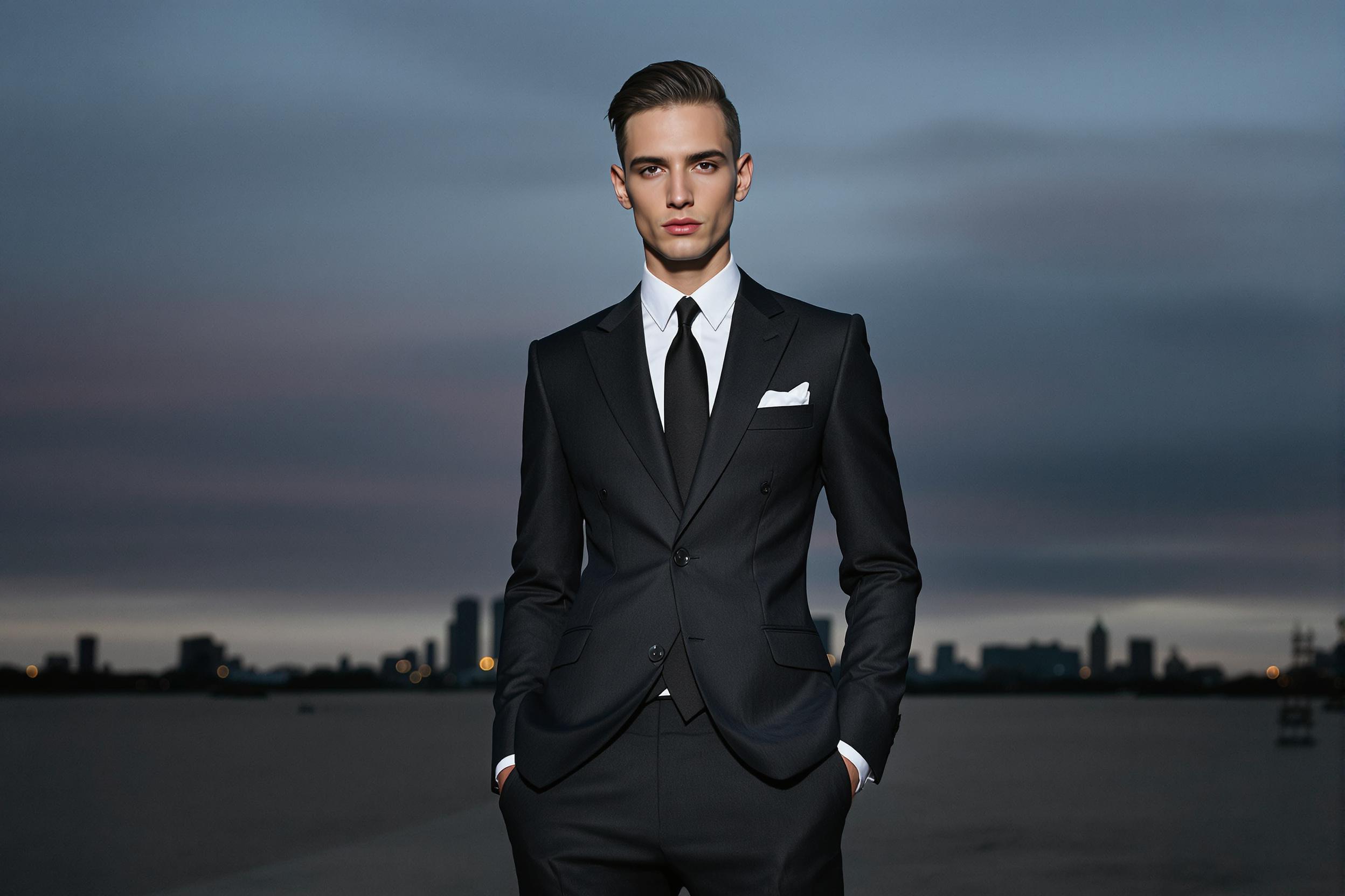 Monochromatic Elegance: Tailored Suit in Urban Twilight