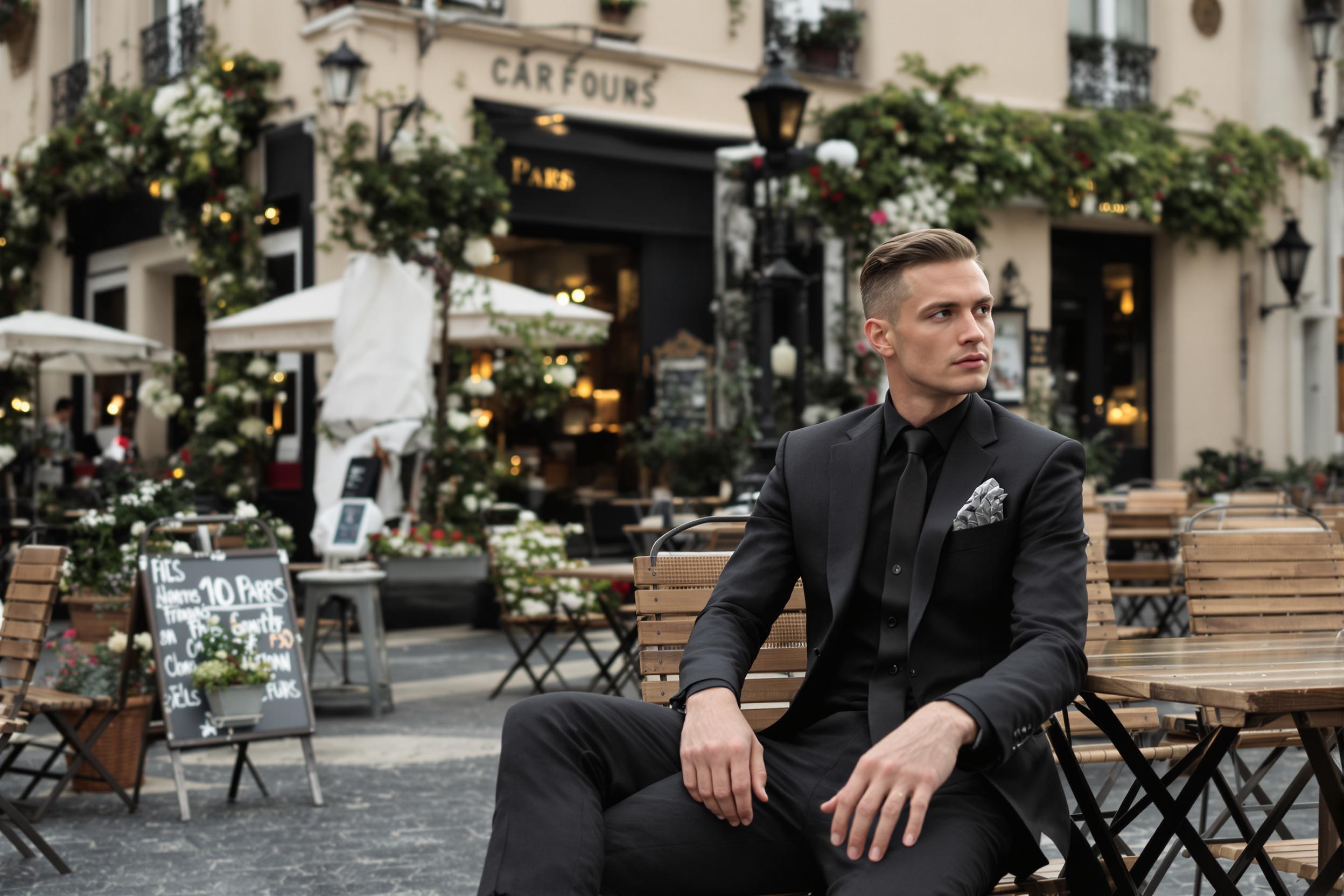 Timeless Elegance: Monochrome Suit in Parisian Café