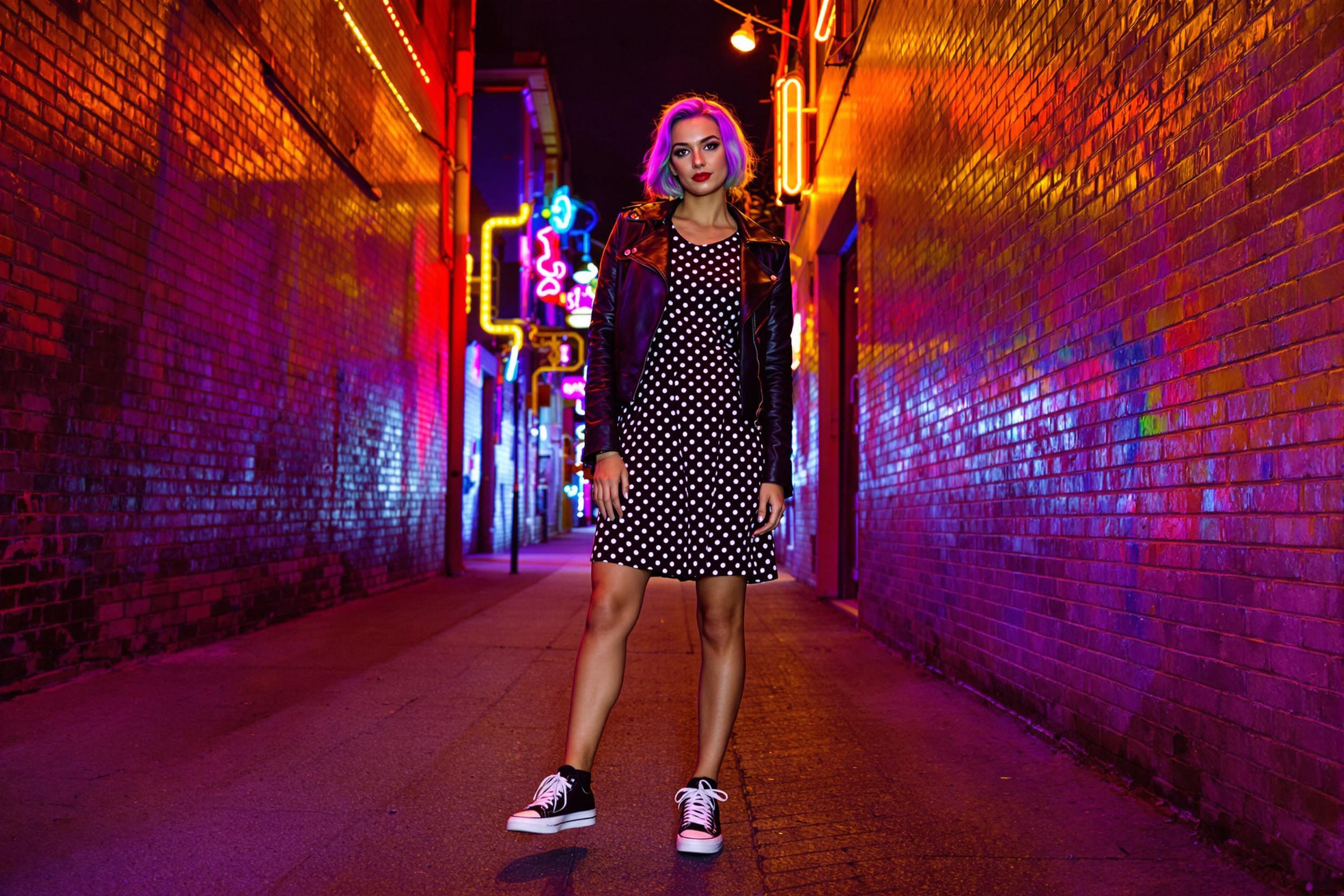 Vintage Glamour Meets Modern Streetwear in Neon-Lit Alley