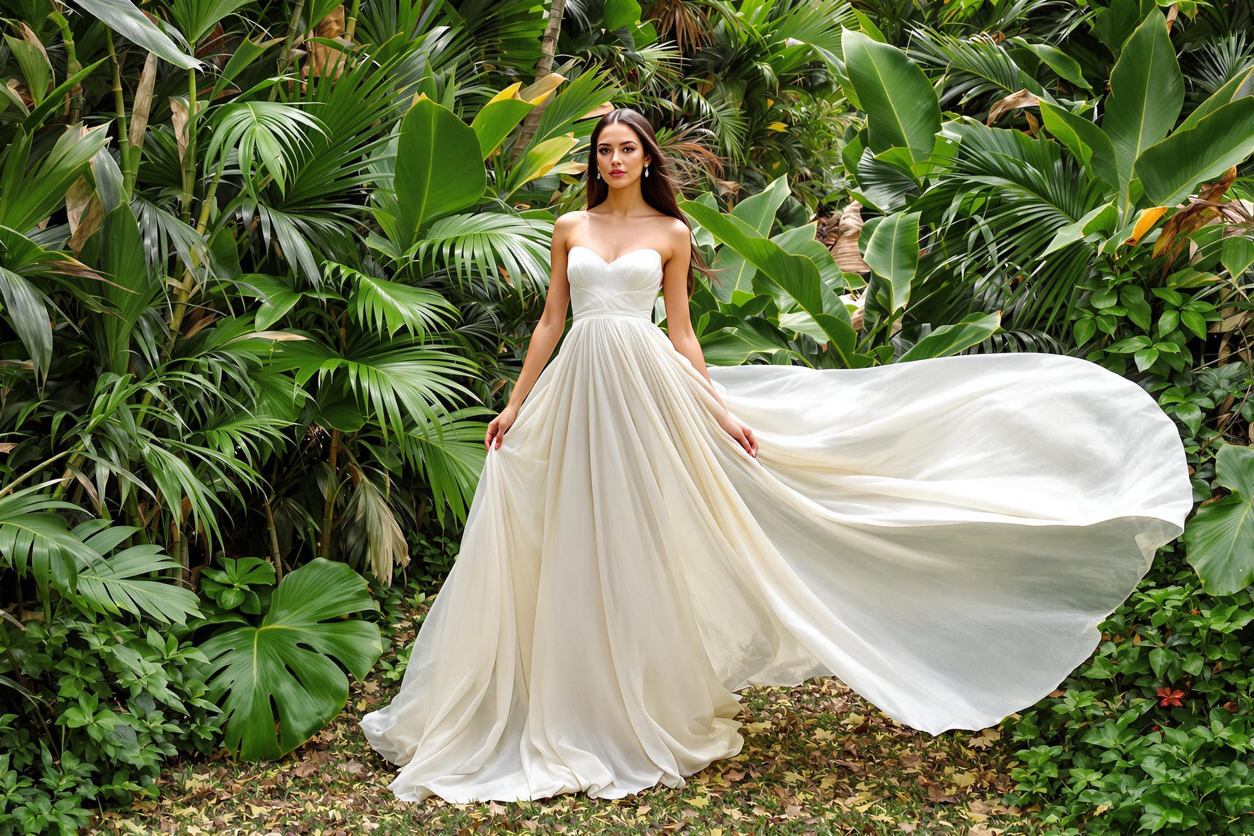 Sustainable Elegance: Bamboo Fabric Evening Gown in Tropical Garden