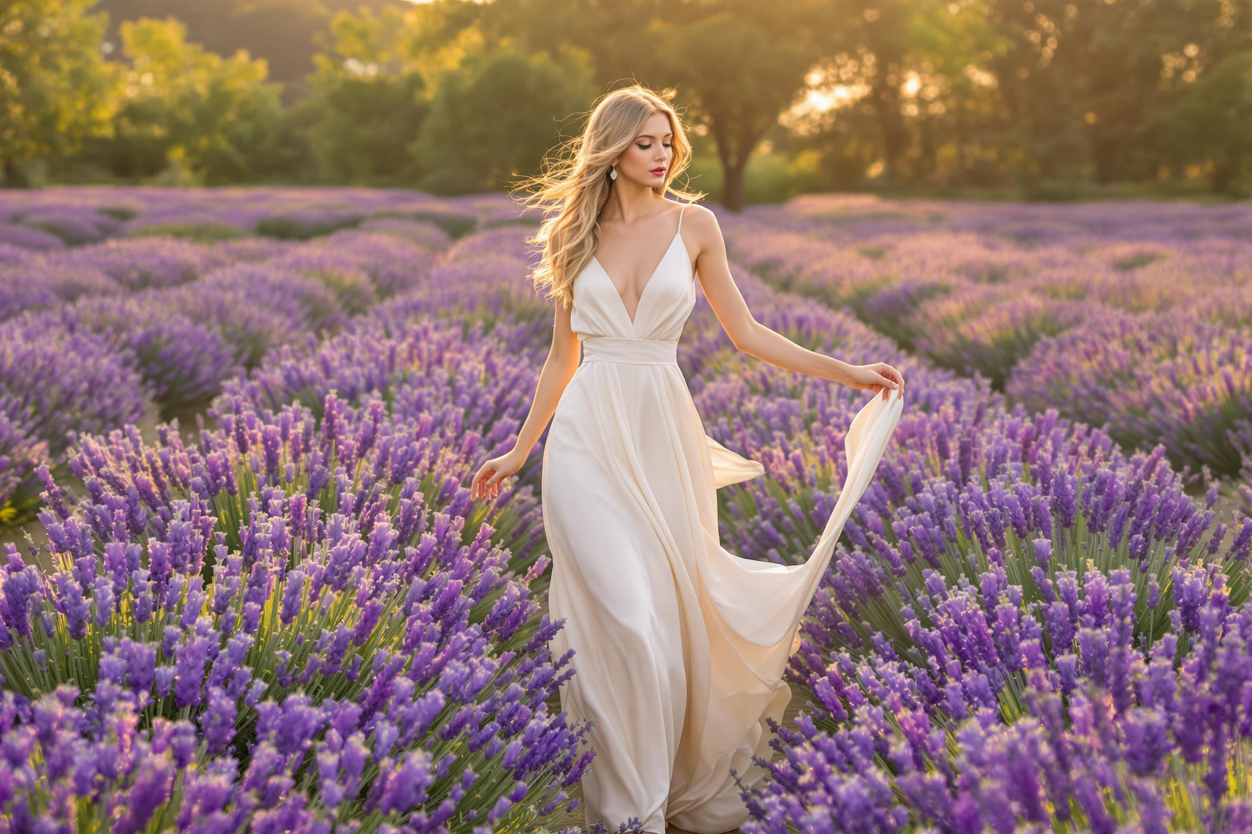 Timeless Elegance: Vintage-Inspired Silk Gown in Lavender Fields