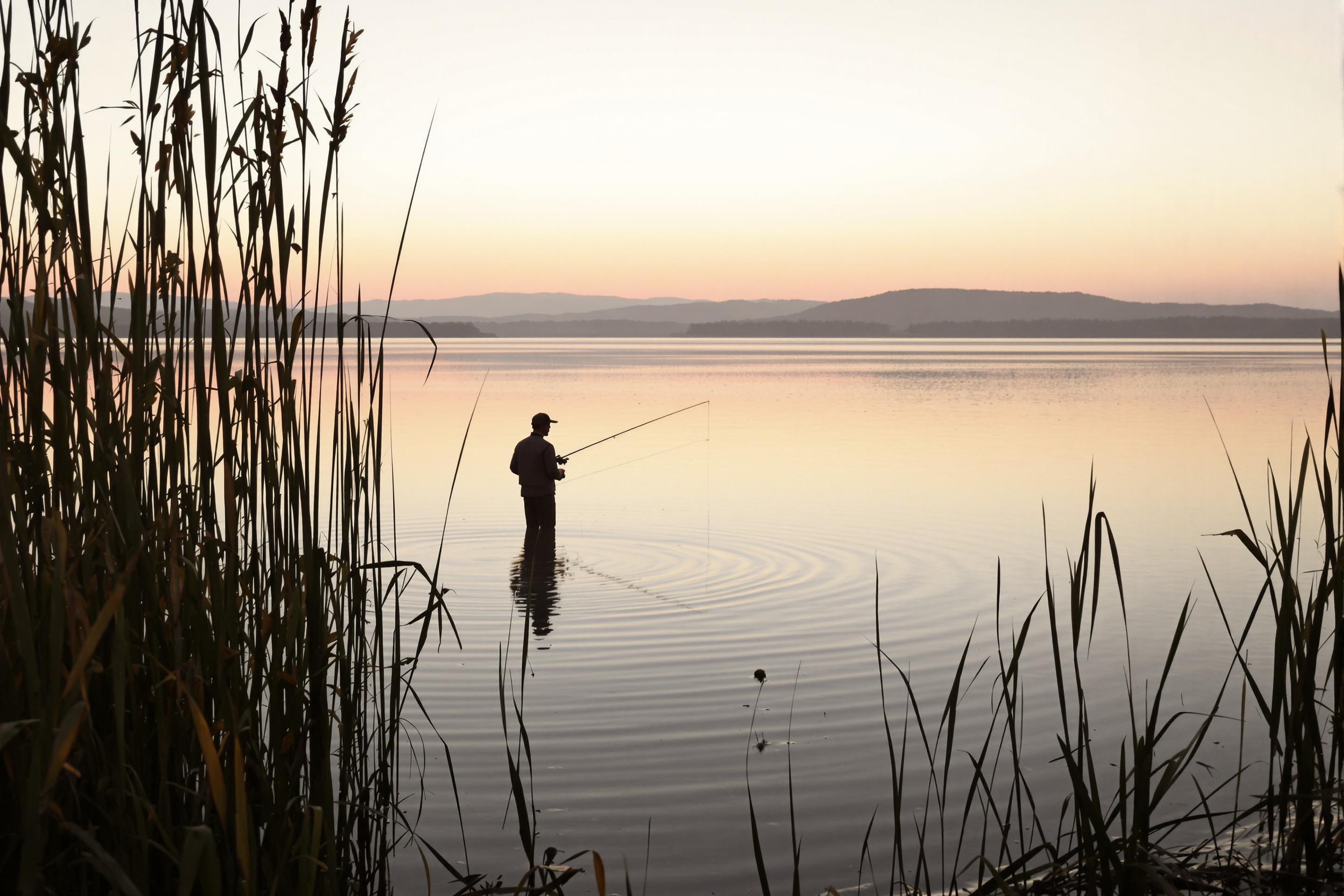 Lone Fisherman at Dawn by a Tranquil Lake