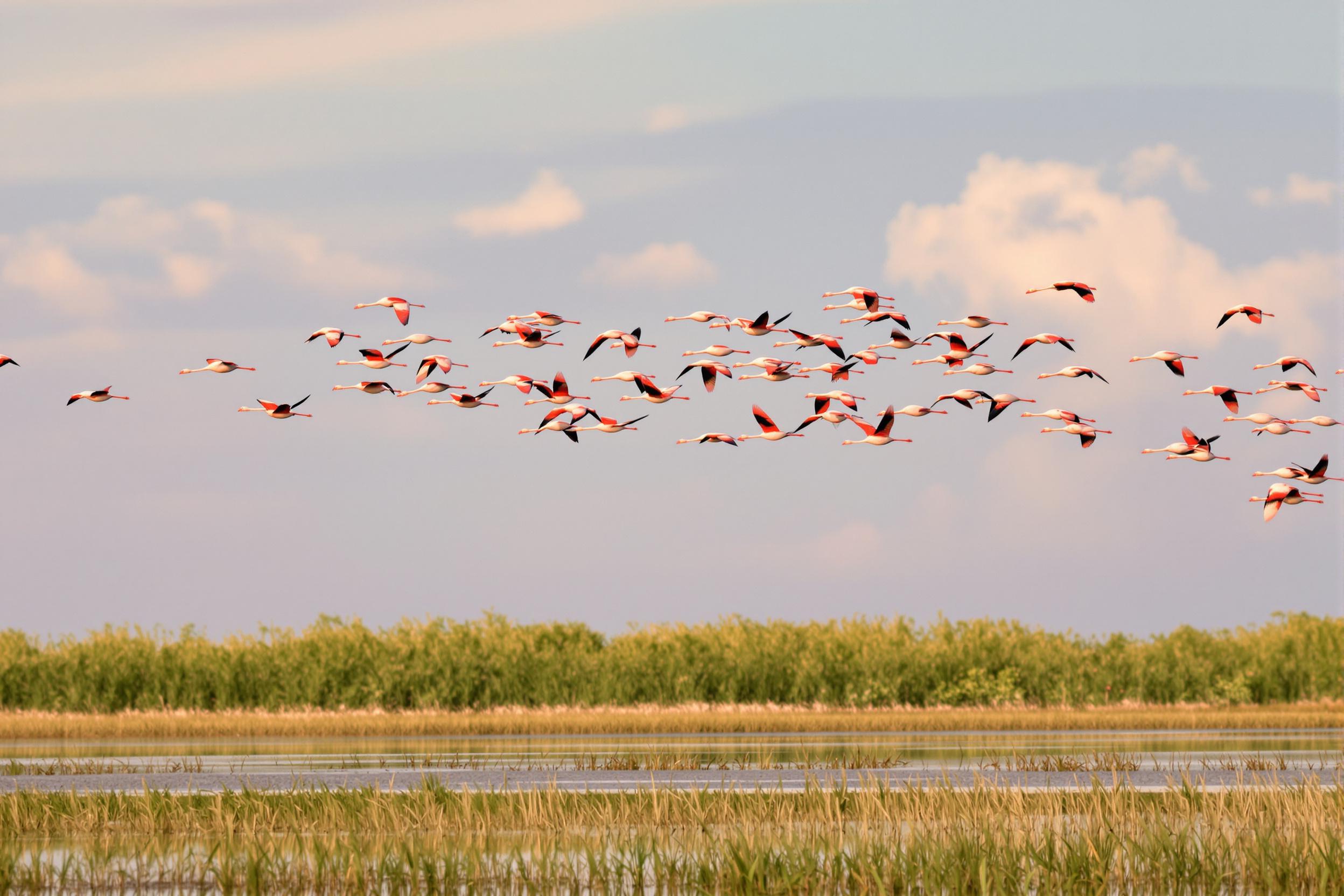 Flock of Flamingos Flying Over Tropical Wetlands at Dawn