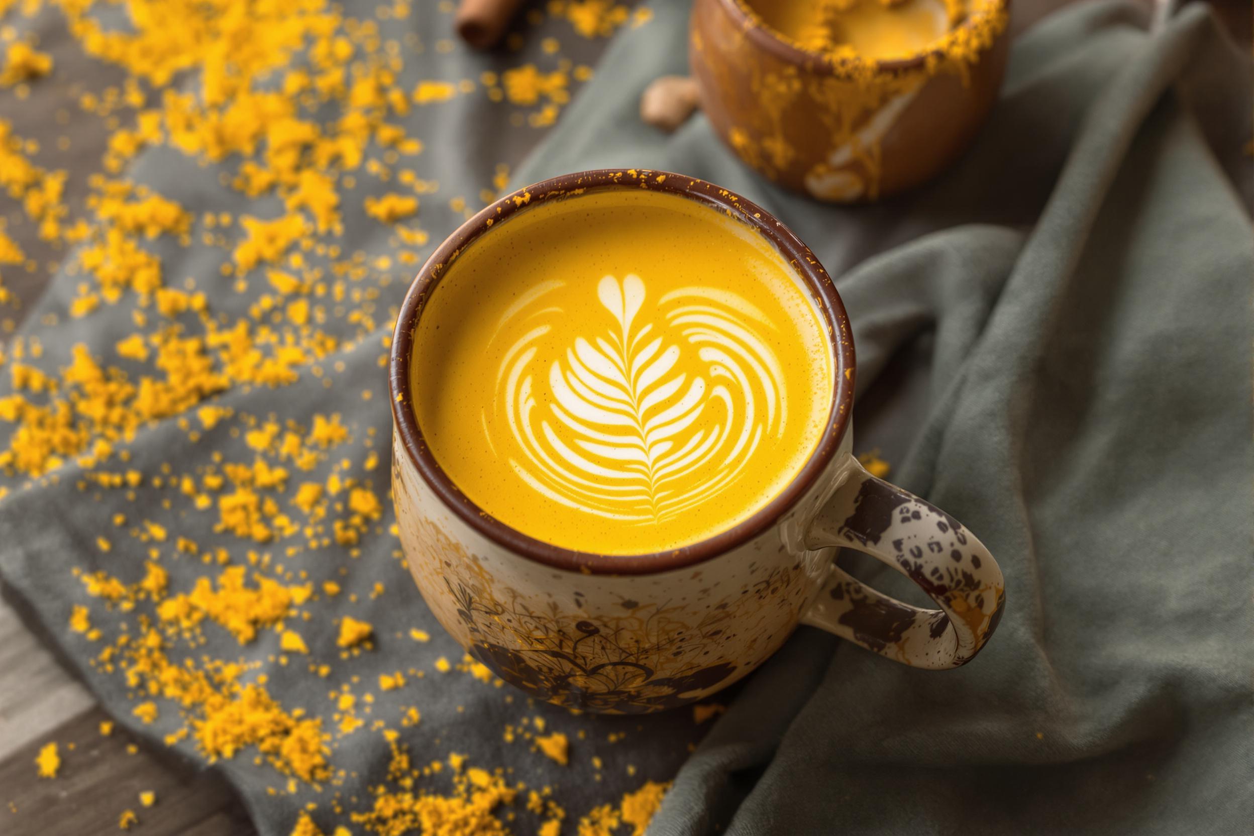 Vibrant Turmeric Latte Art in Rustic Ceramic Mug