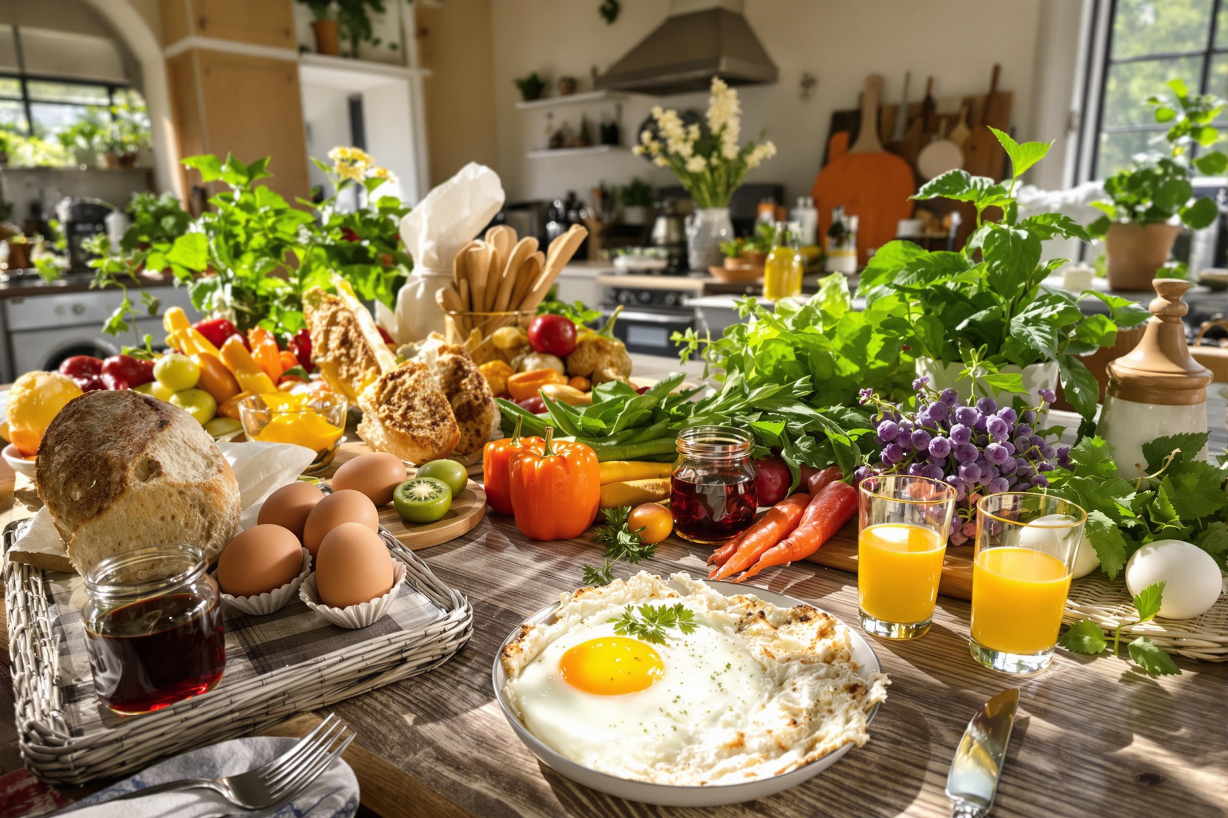 Rustic Farm-to-Table Breakfast Spread in Sunlit Kitchen