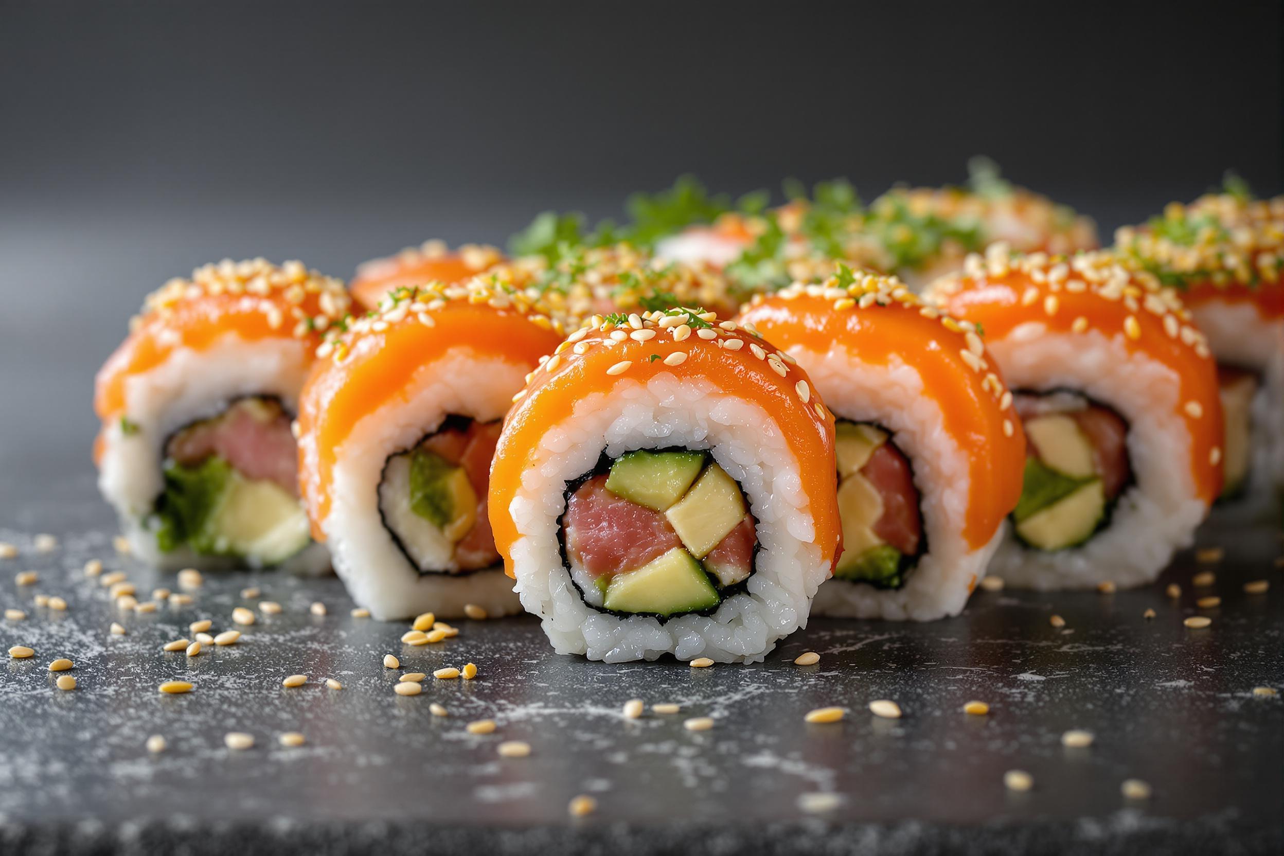 Elegant Macro of Vibrant Sushi Rolls