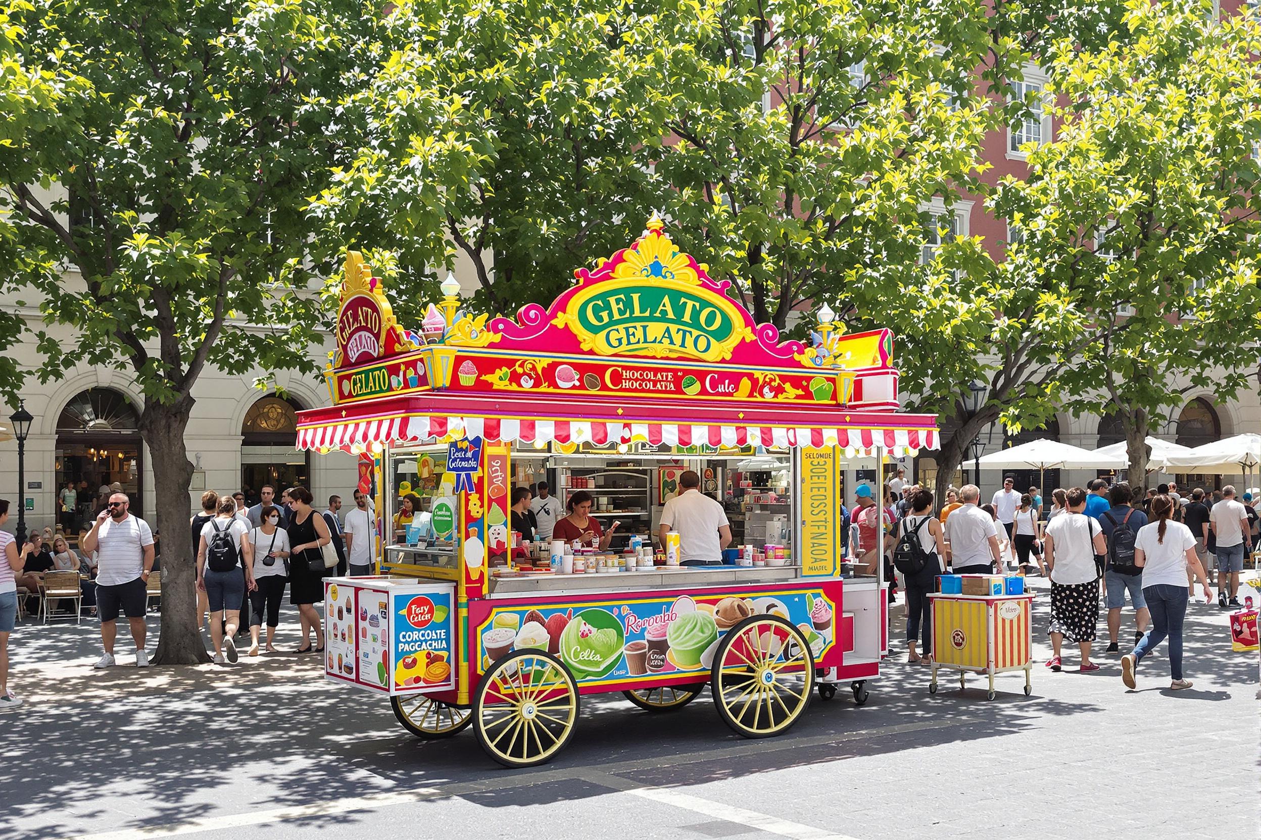 Colorful Gelato Cart in a Bustling European Square