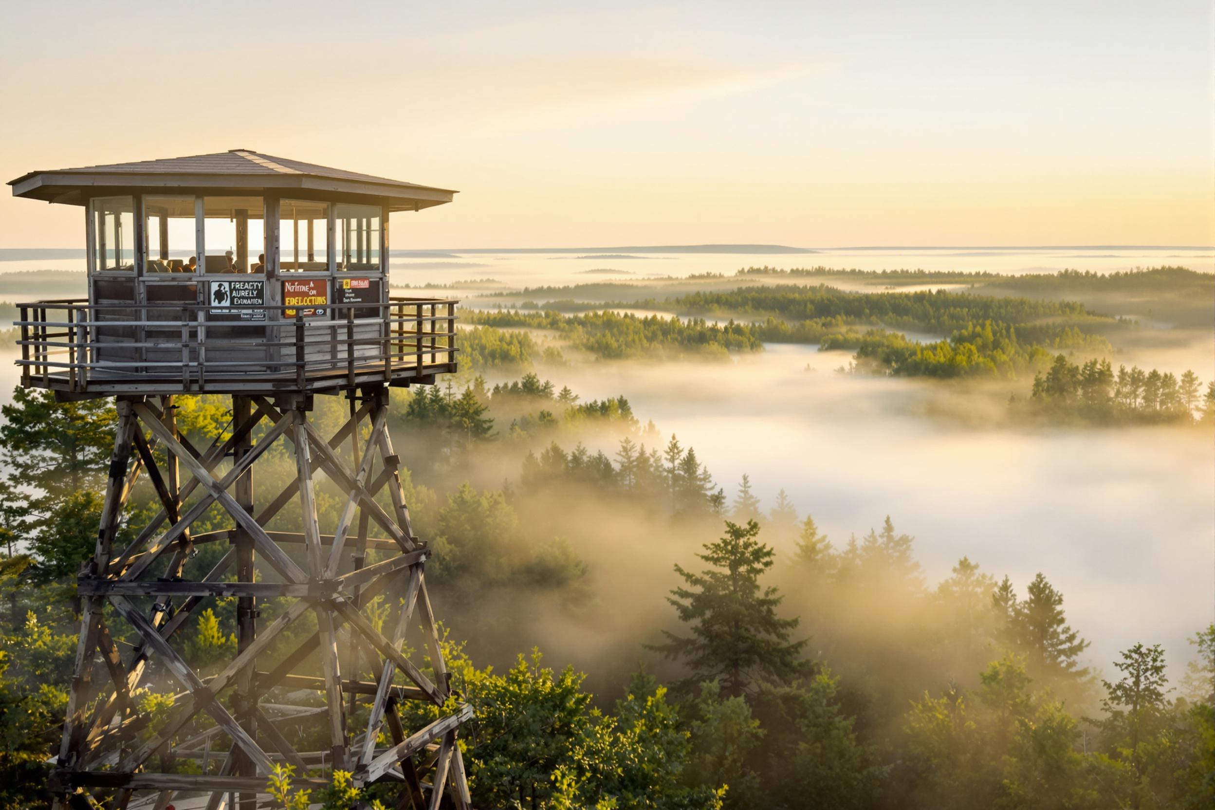 Fire Lookout Tower Atop Misty Morning Forest