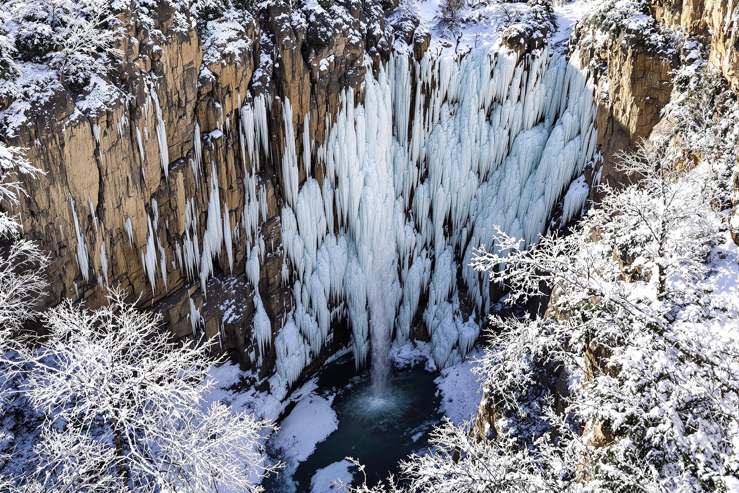 Drone View of Frozen Waterfalls in a Winter Canyon