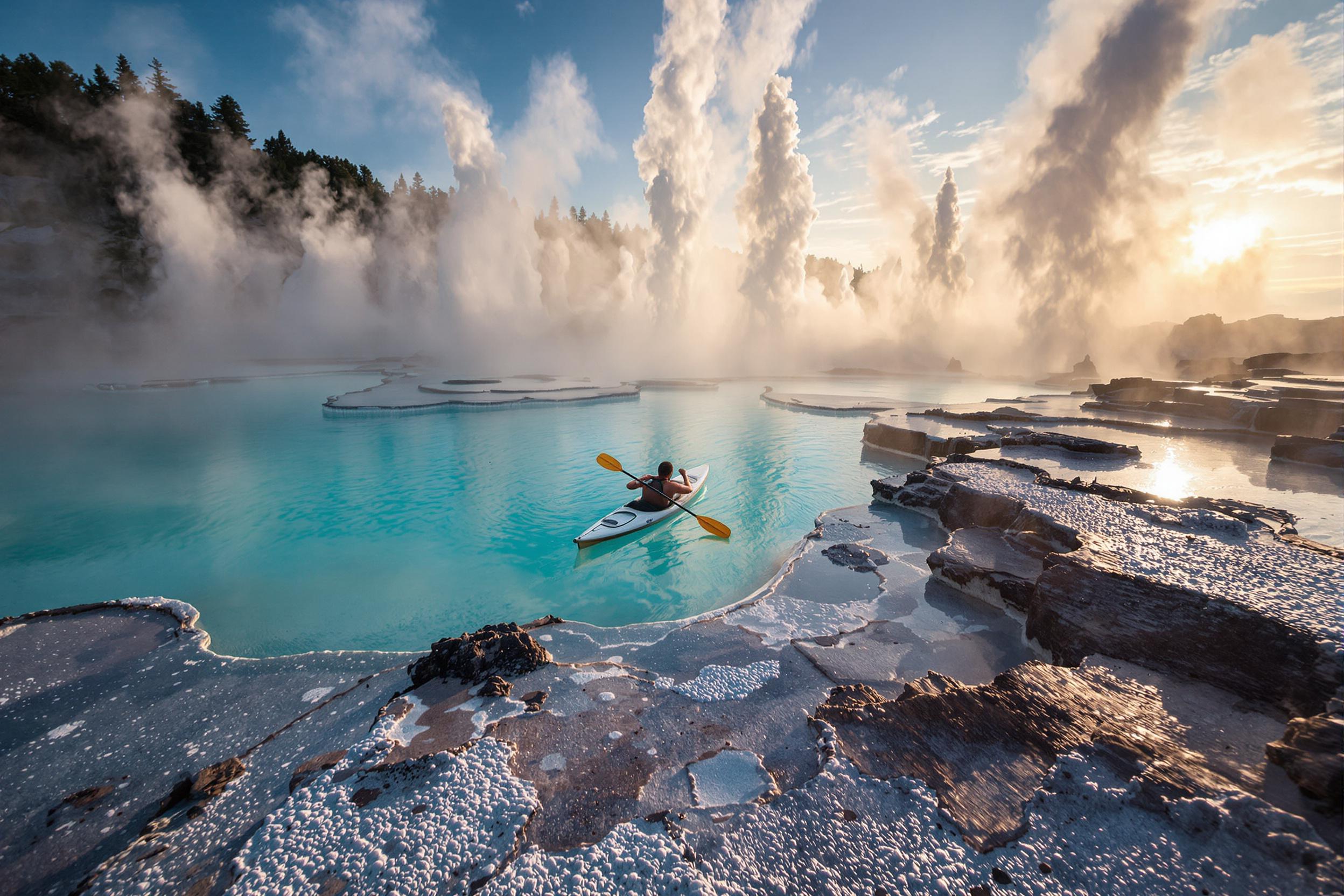 Kayaker Navigating Surreal Geothermal Pools at Golden Hour