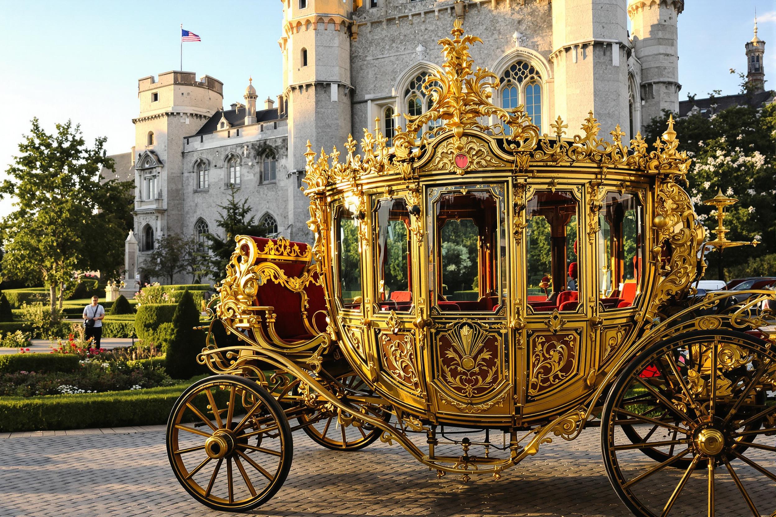 Elegant gilded carriage by historic castle