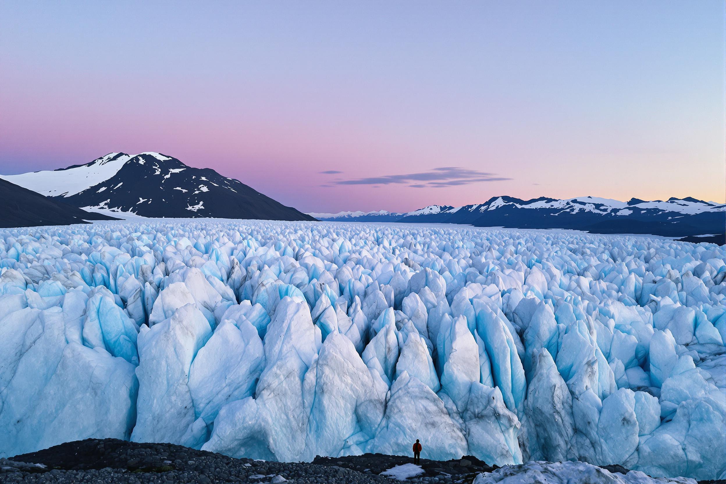 Solo hiker amidst serene glacier twilight