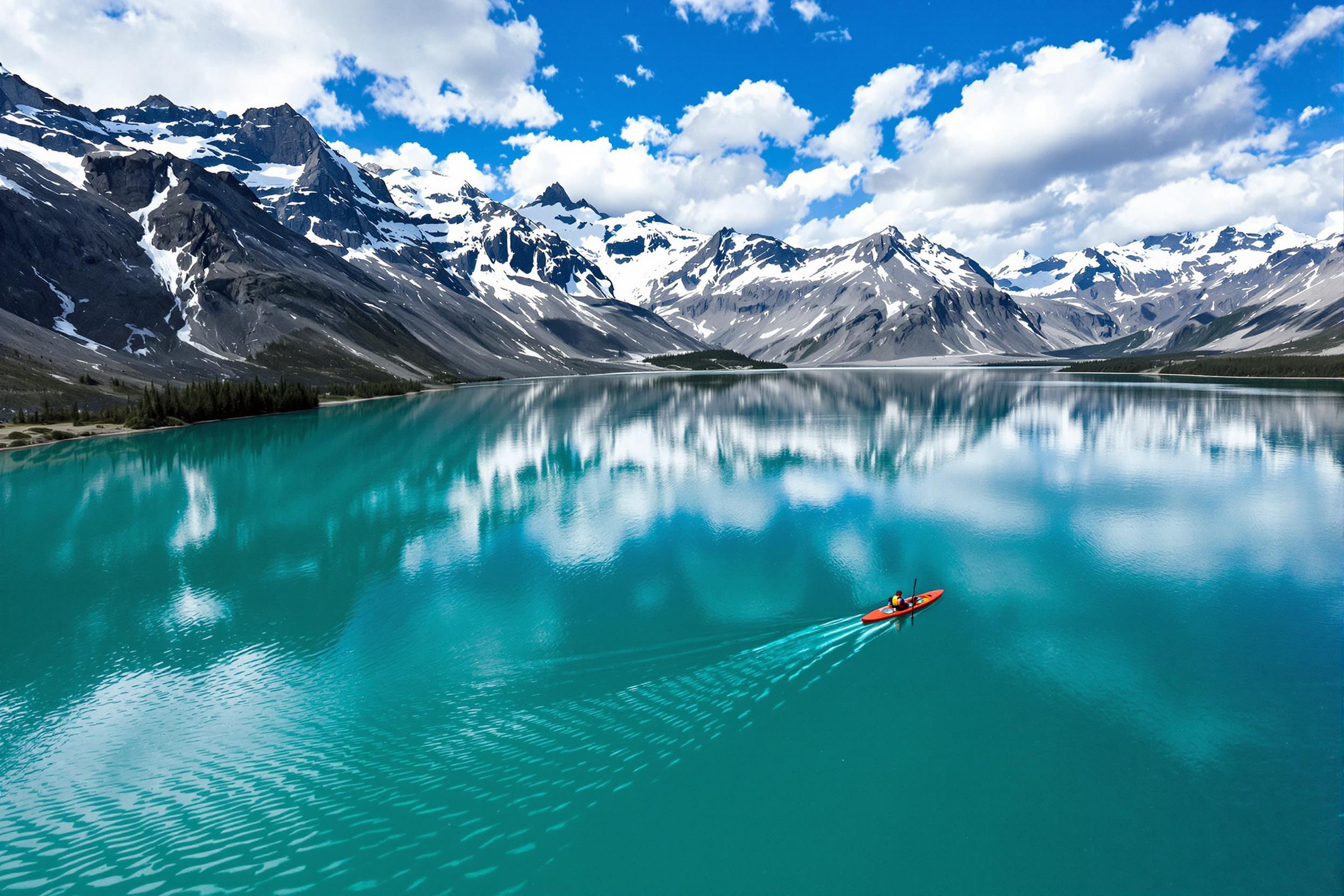 Kayak Amidst Glacier-Fed Waters Reflecting Jagged Peaks