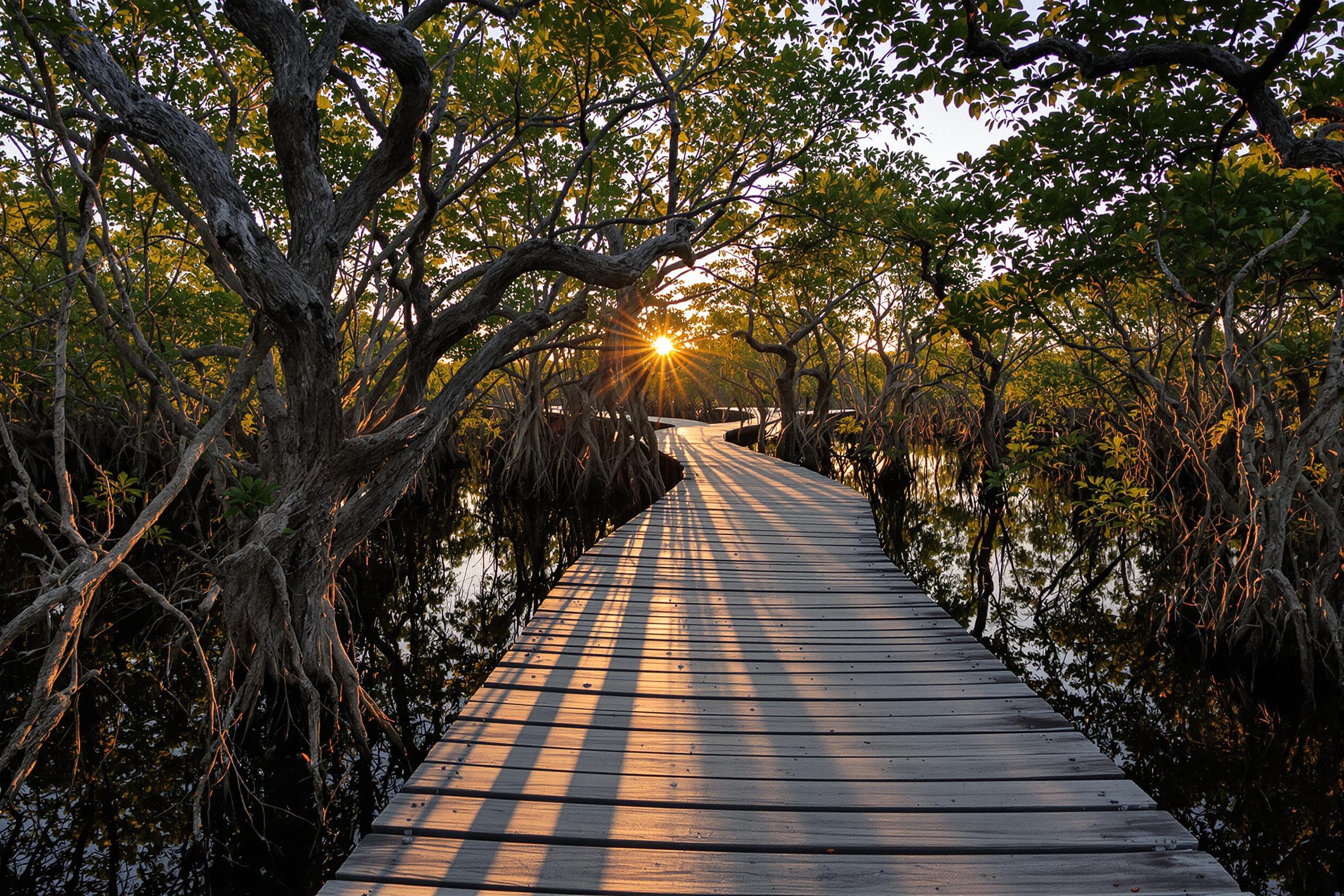 Golden Hour Boardwalk Through Serene Mangroves