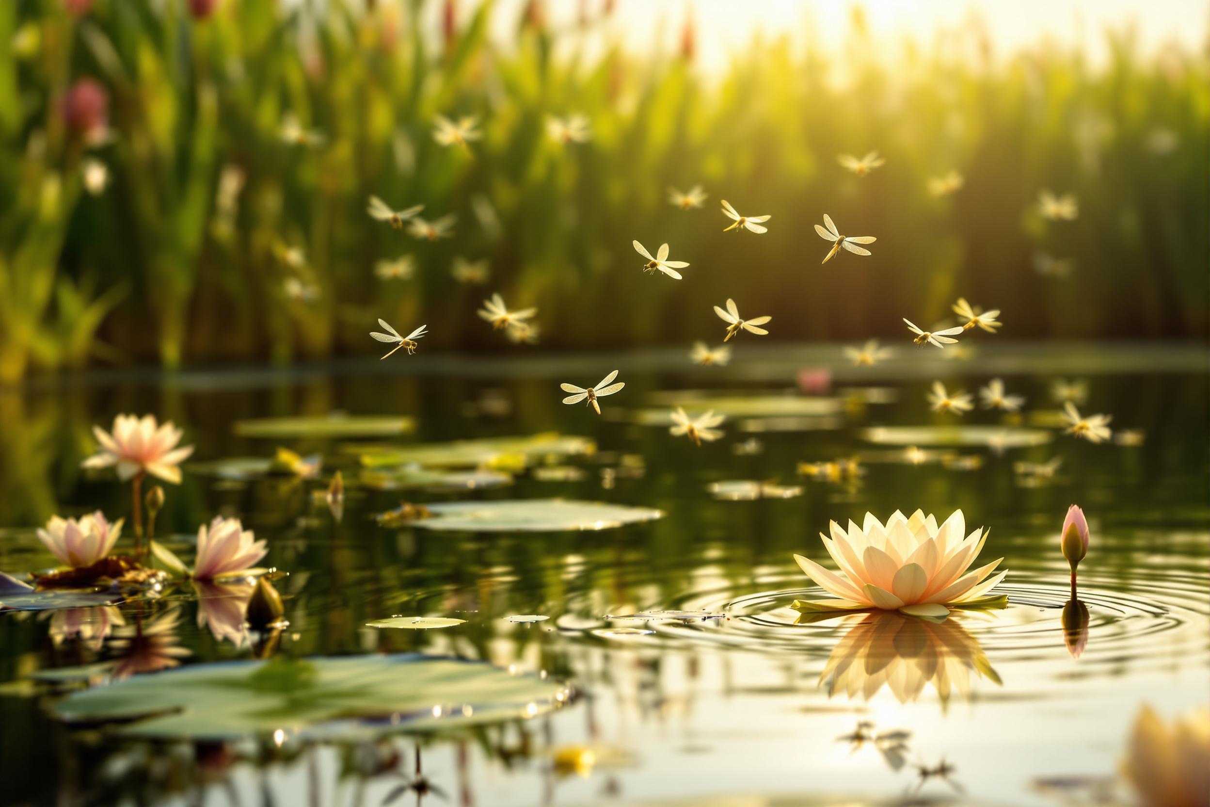 Dragonflies Hovering Over Golden Lily Pond