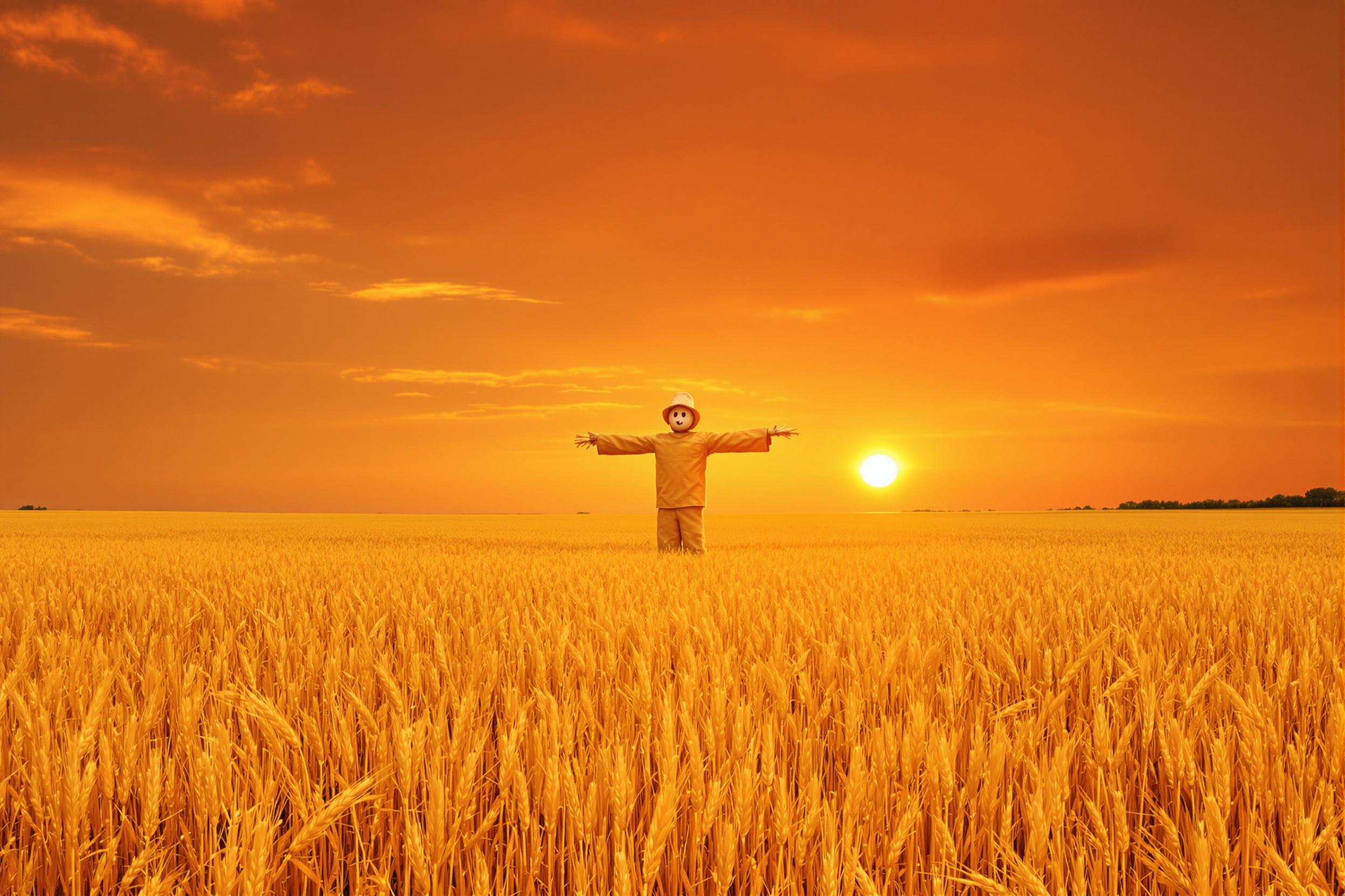 Scenic Wheat Field with Lone Scarecrow at Sunset