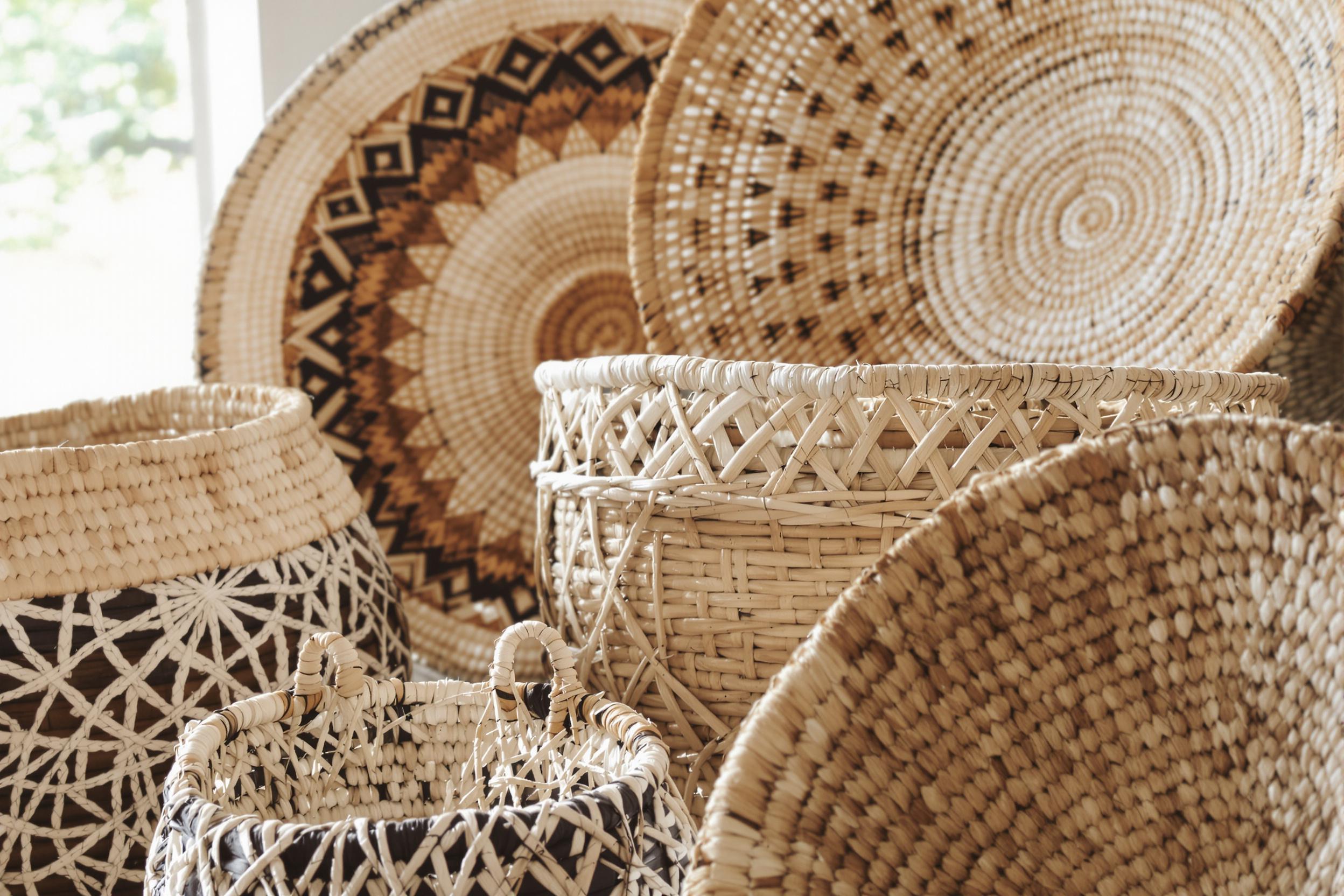 Close-Up of Intricately Patterned Handwoven Baskets