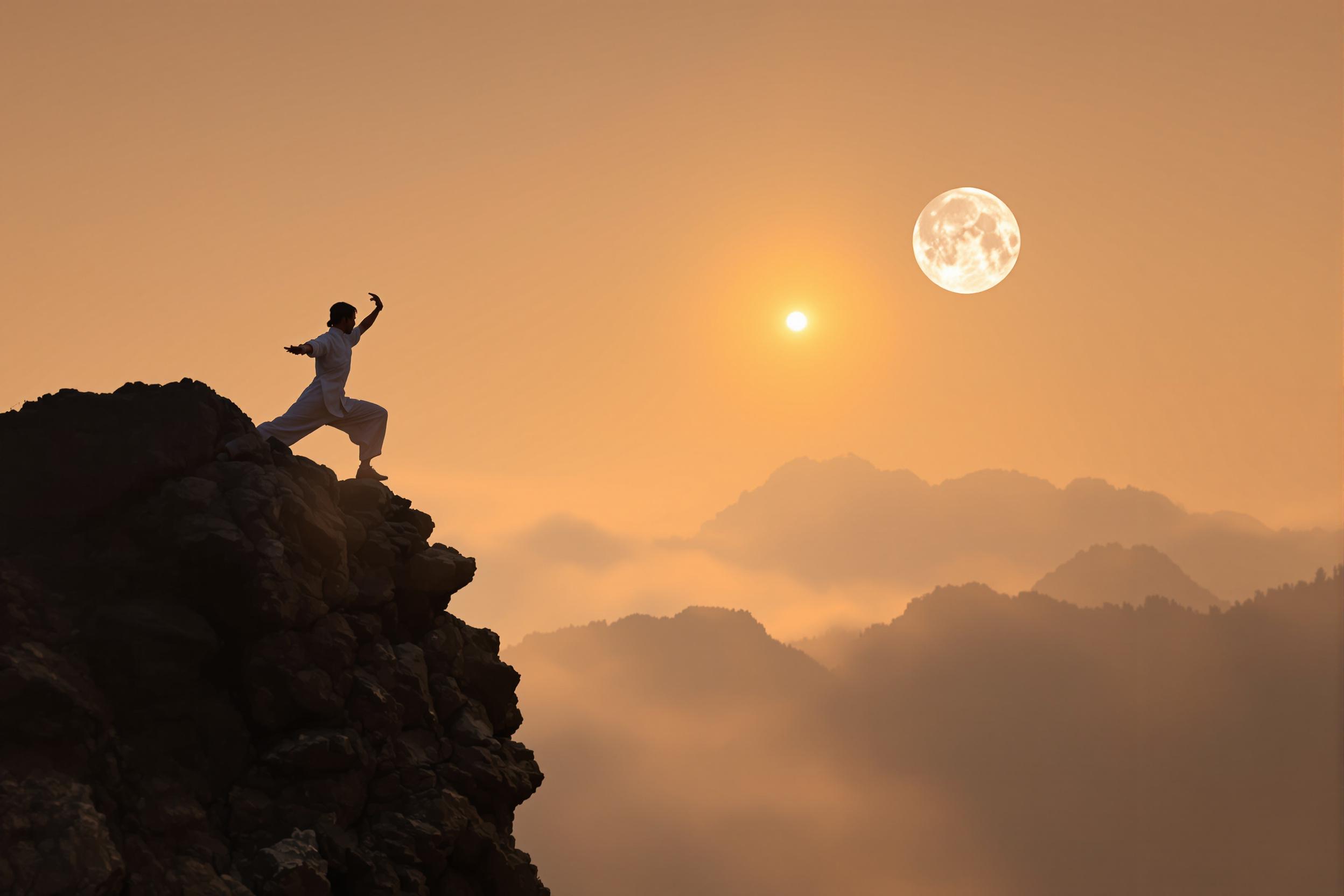 Moonlit Tai Chi Practice on Serene Mountaintop