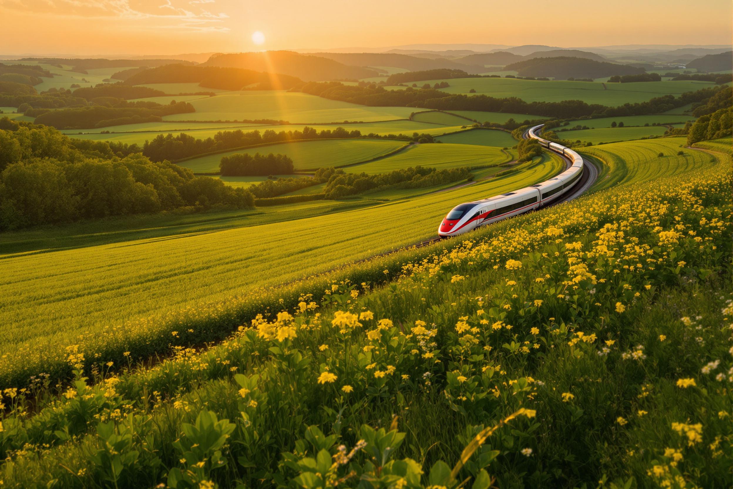 High-speed train racing through lush countryside at sunset