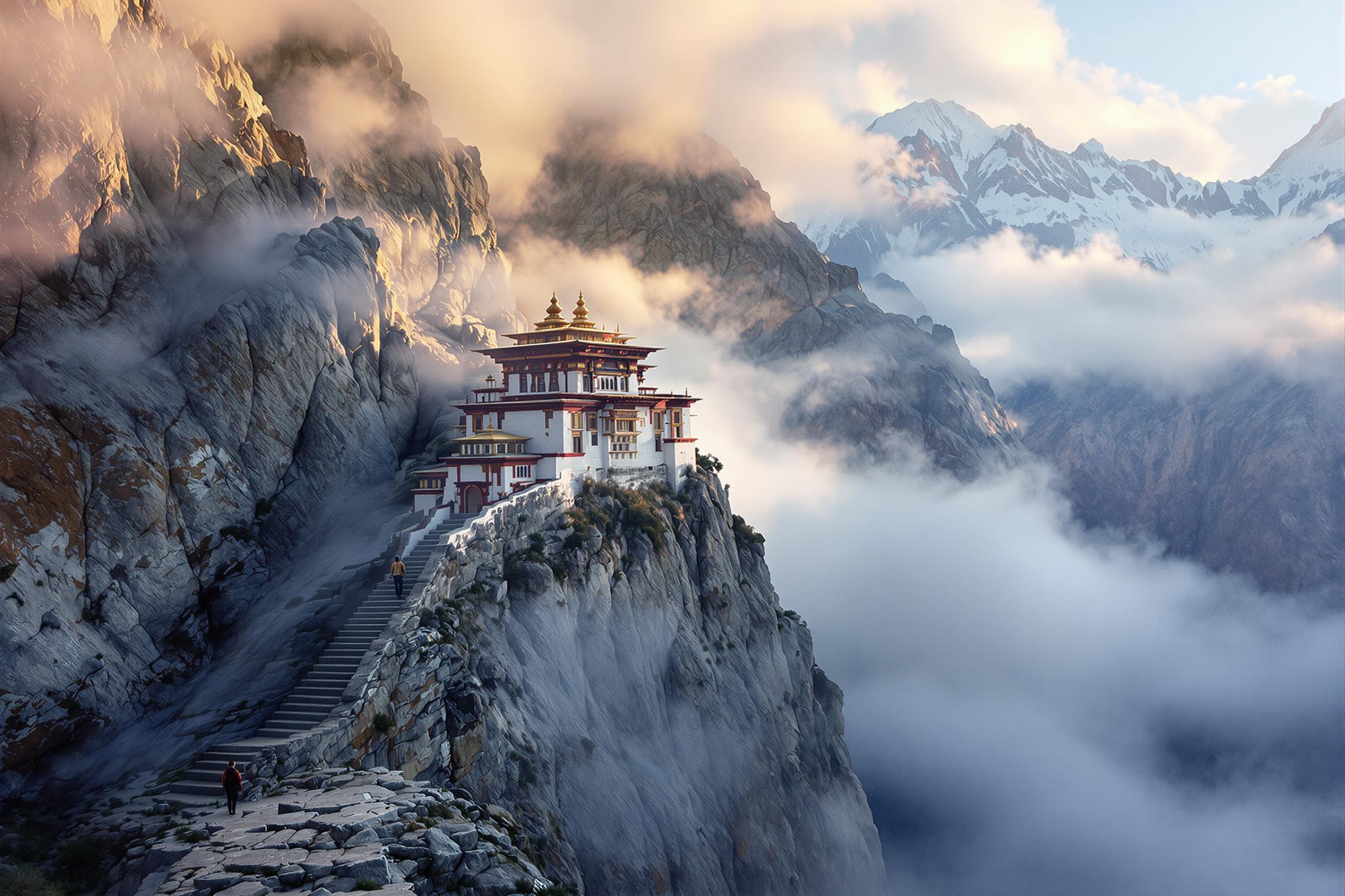 Adventurer Ascending to Himalayan Monastery