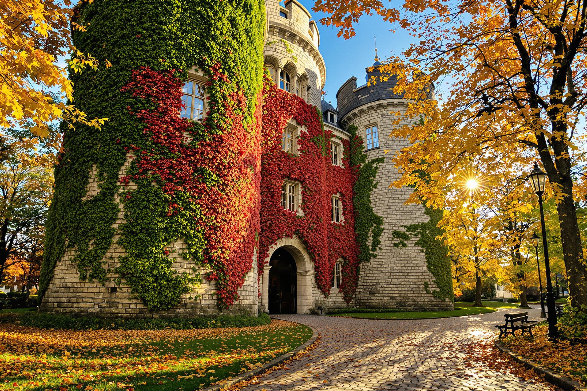 Majestic Historical Castle Adorned with Autumn Ivy