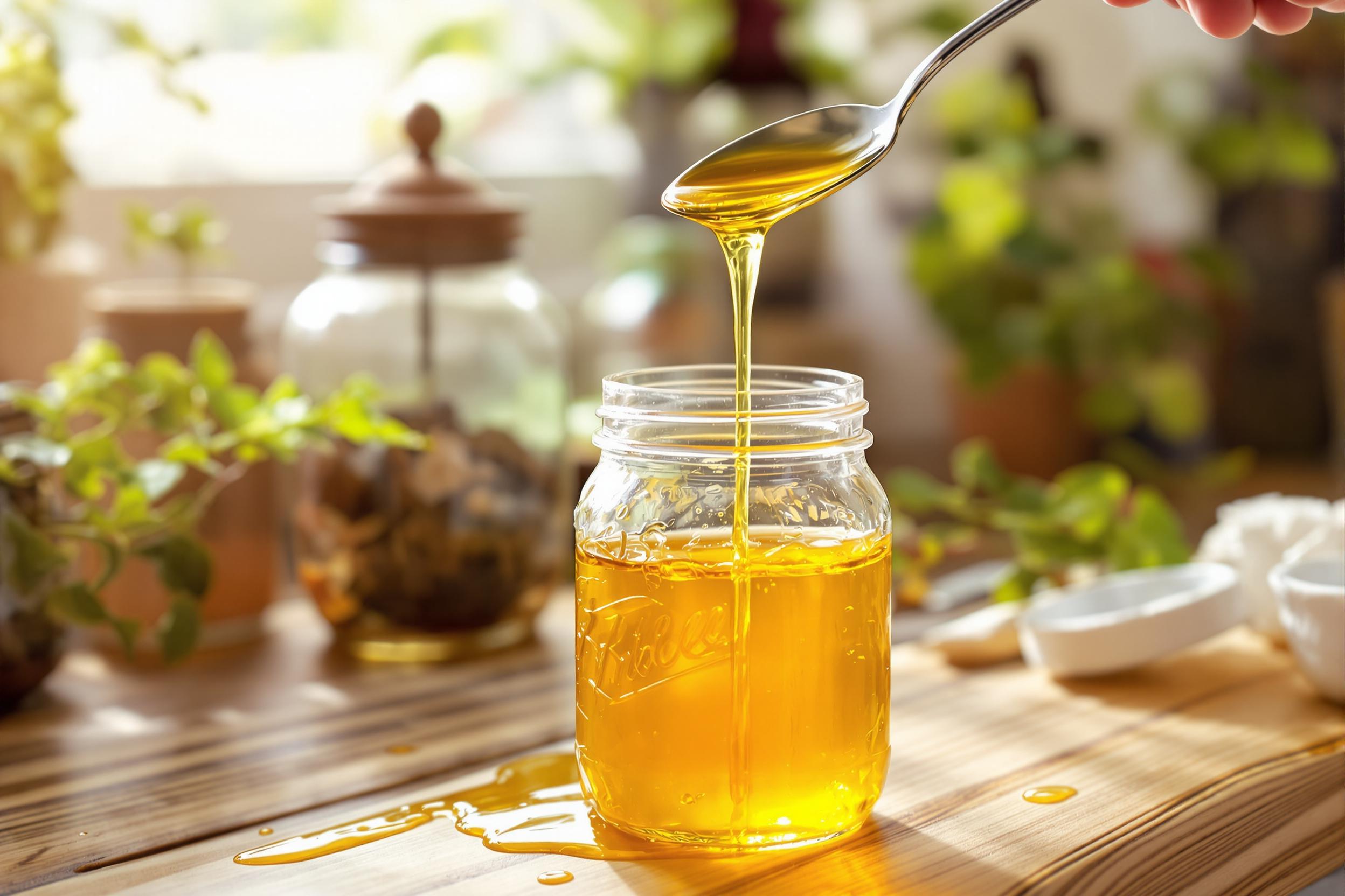 Golden Honey Pouring into Jar by Sunlight