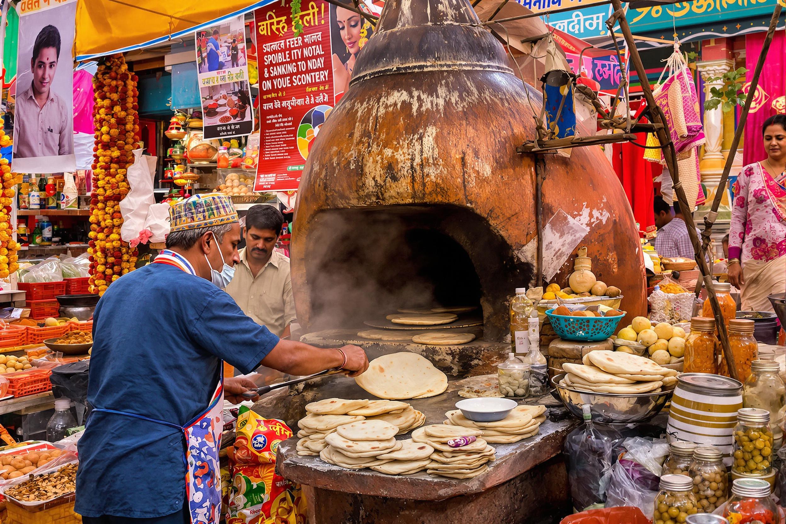 Street vendor baking naan in vibrant Indian market