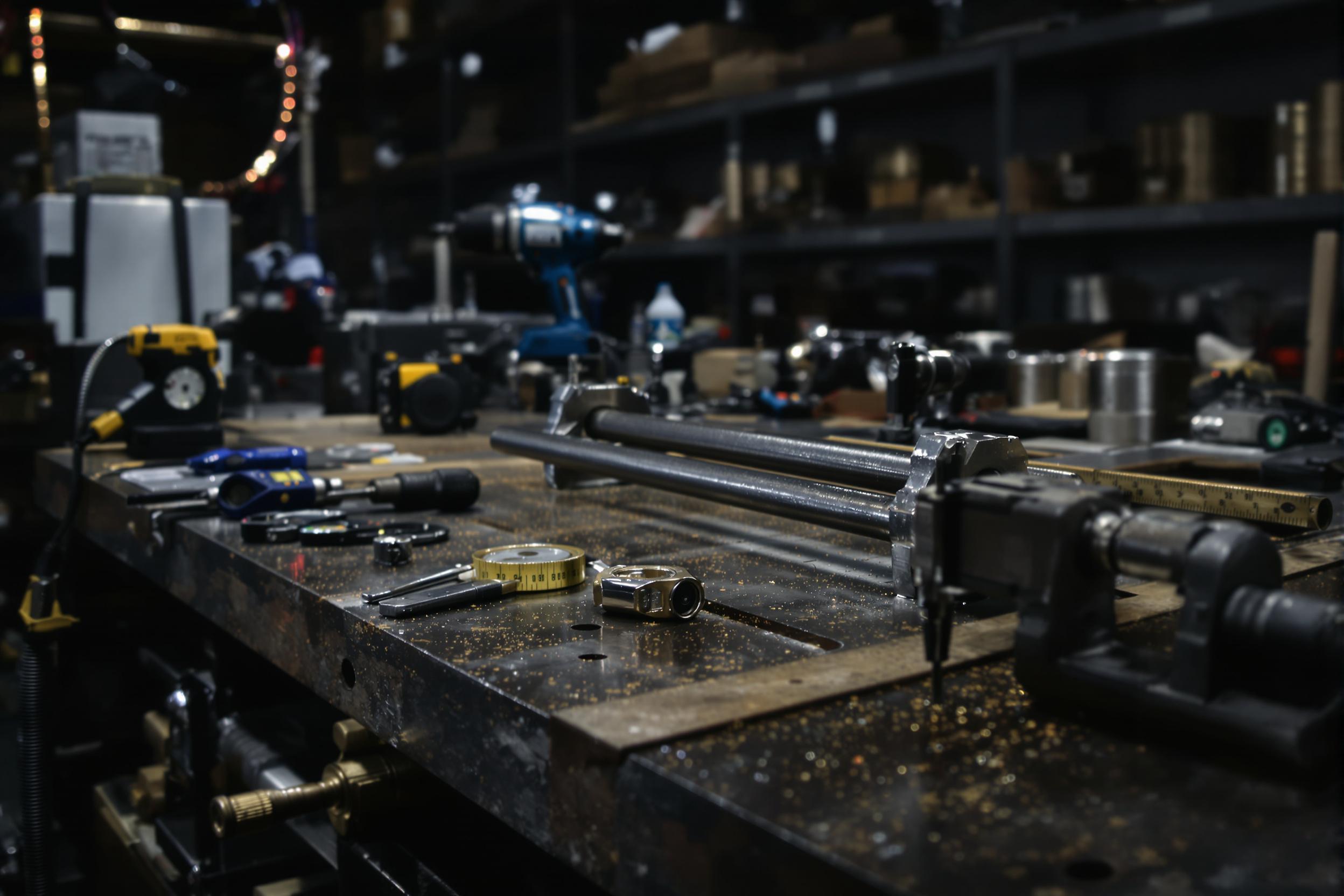 Organized Industrial Workbench Tools in Minimalist Workshop Scene