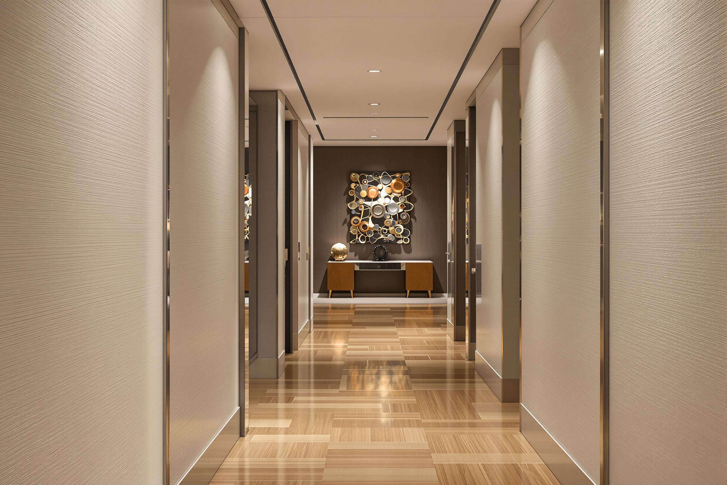 Sophisticated Hallway Transitioning Into Modern Warm Tones