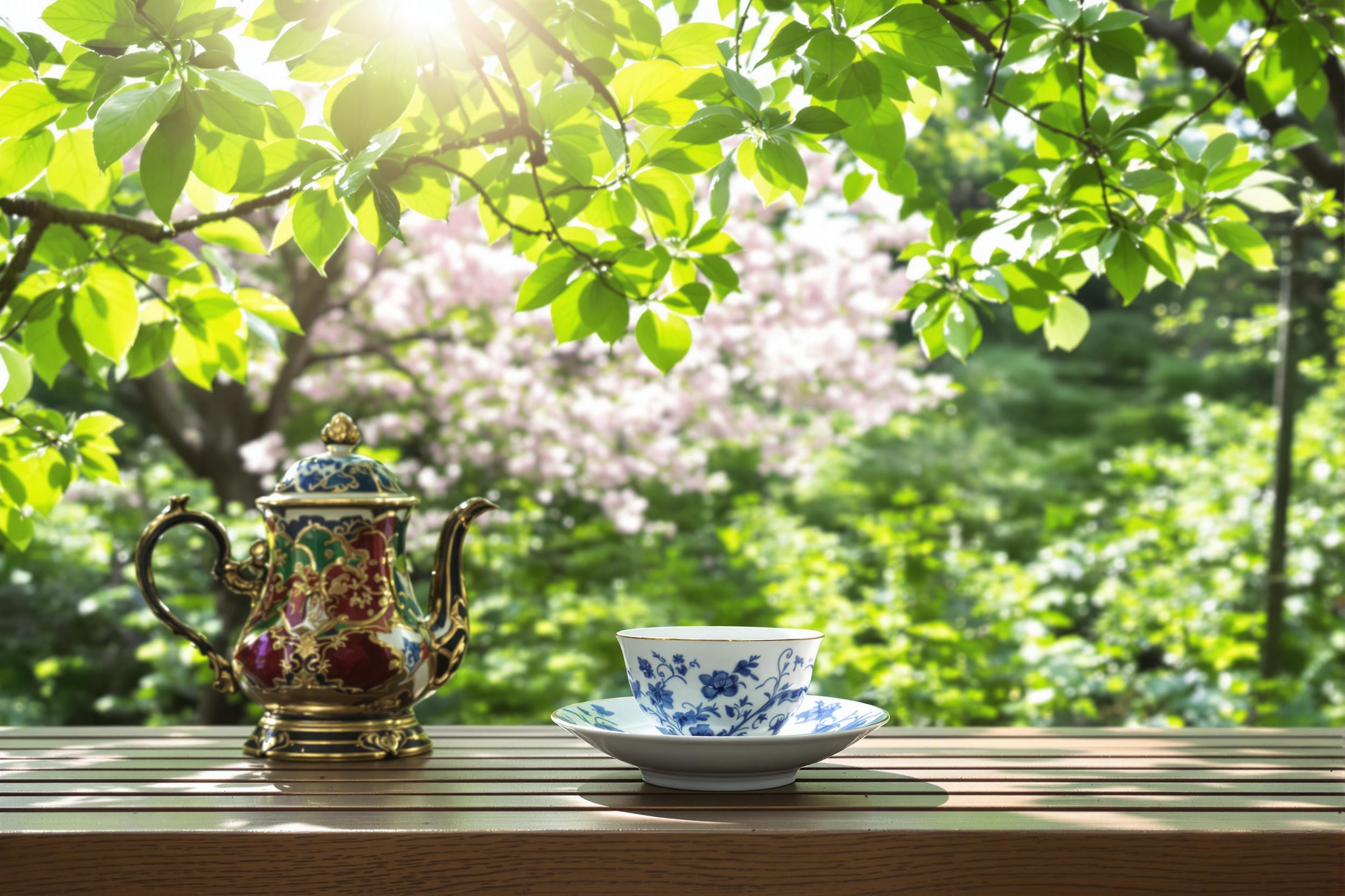 Elegant Teacup in a Peaceful Japanese Garden