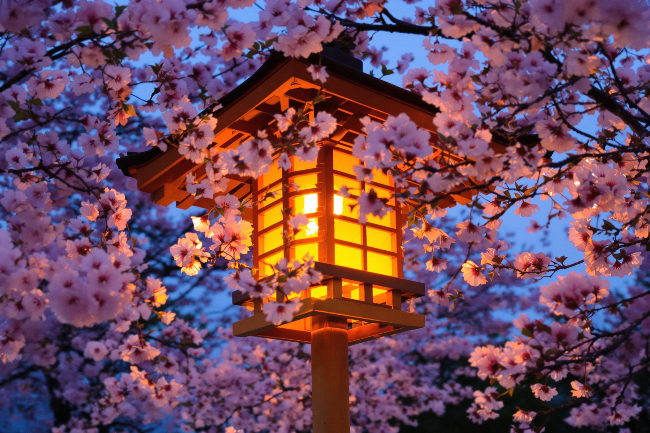 Traditional Lantern in Cherry Blossom Garden at Dusk