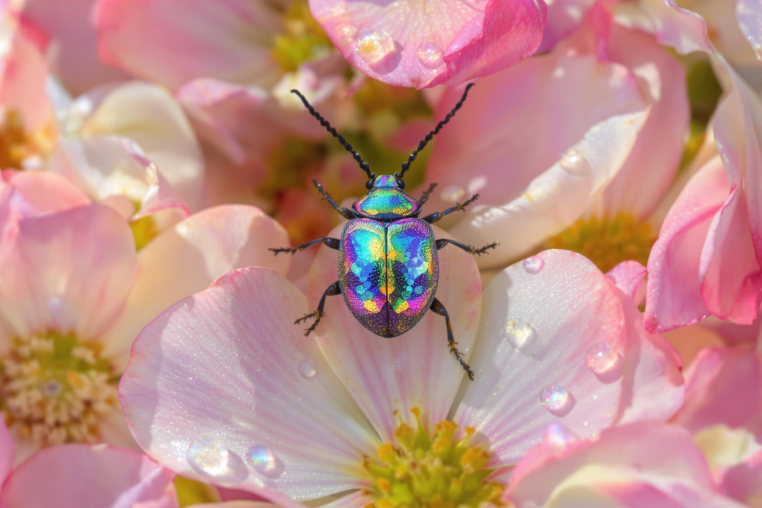 Iridescent Jewel Beetle Among Pastel Florals