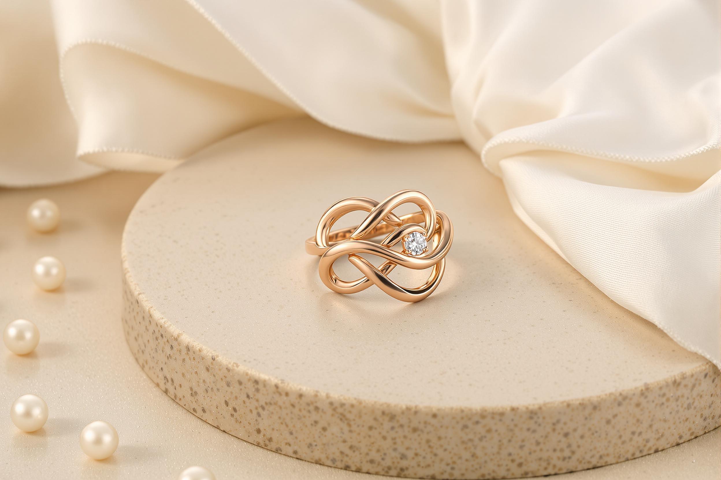 Premium Sculptural Rose-Gold Ring Display with Diamond Detail