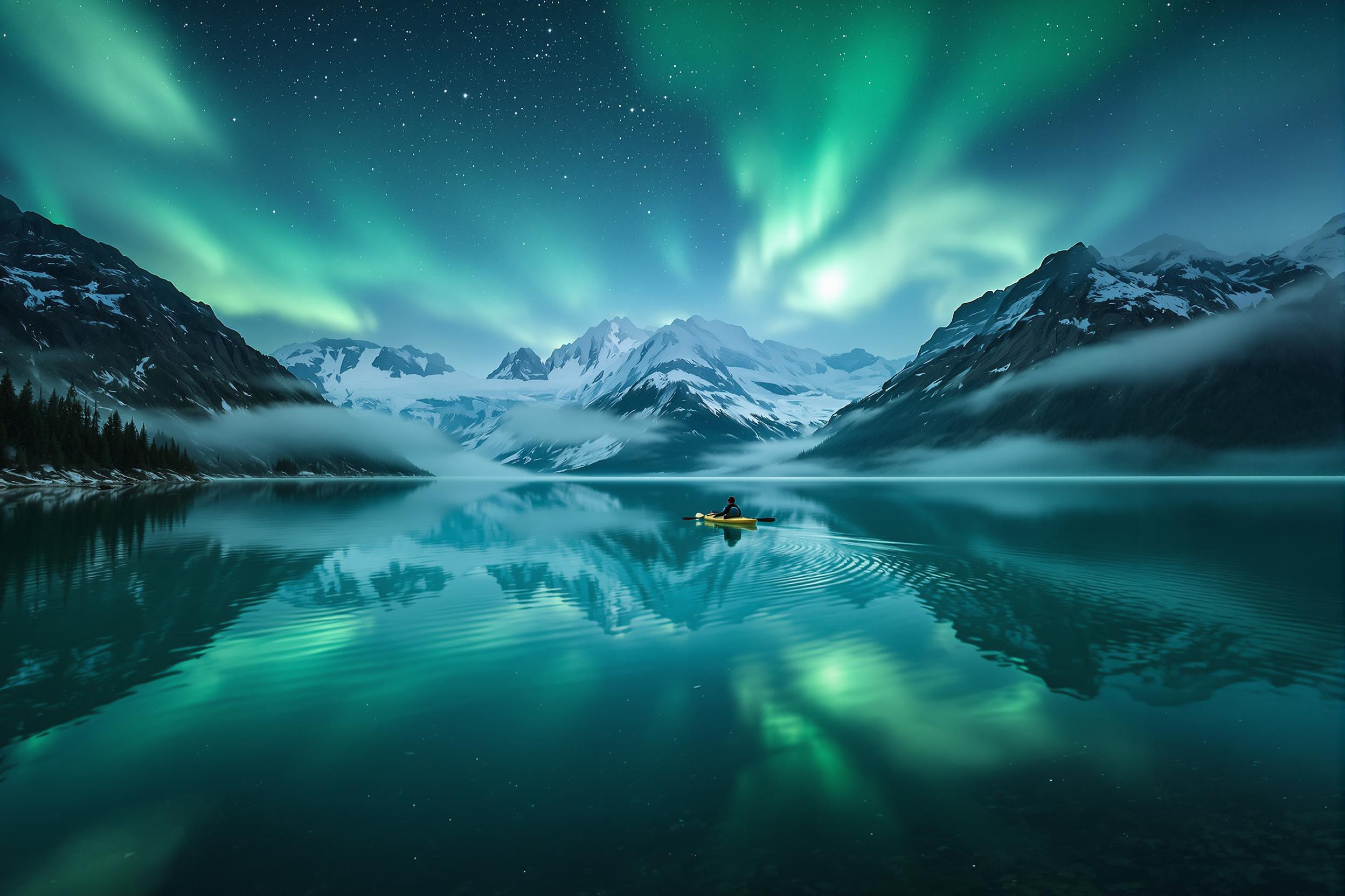 Kayaker Amidst Alpine Moonmist Serenity