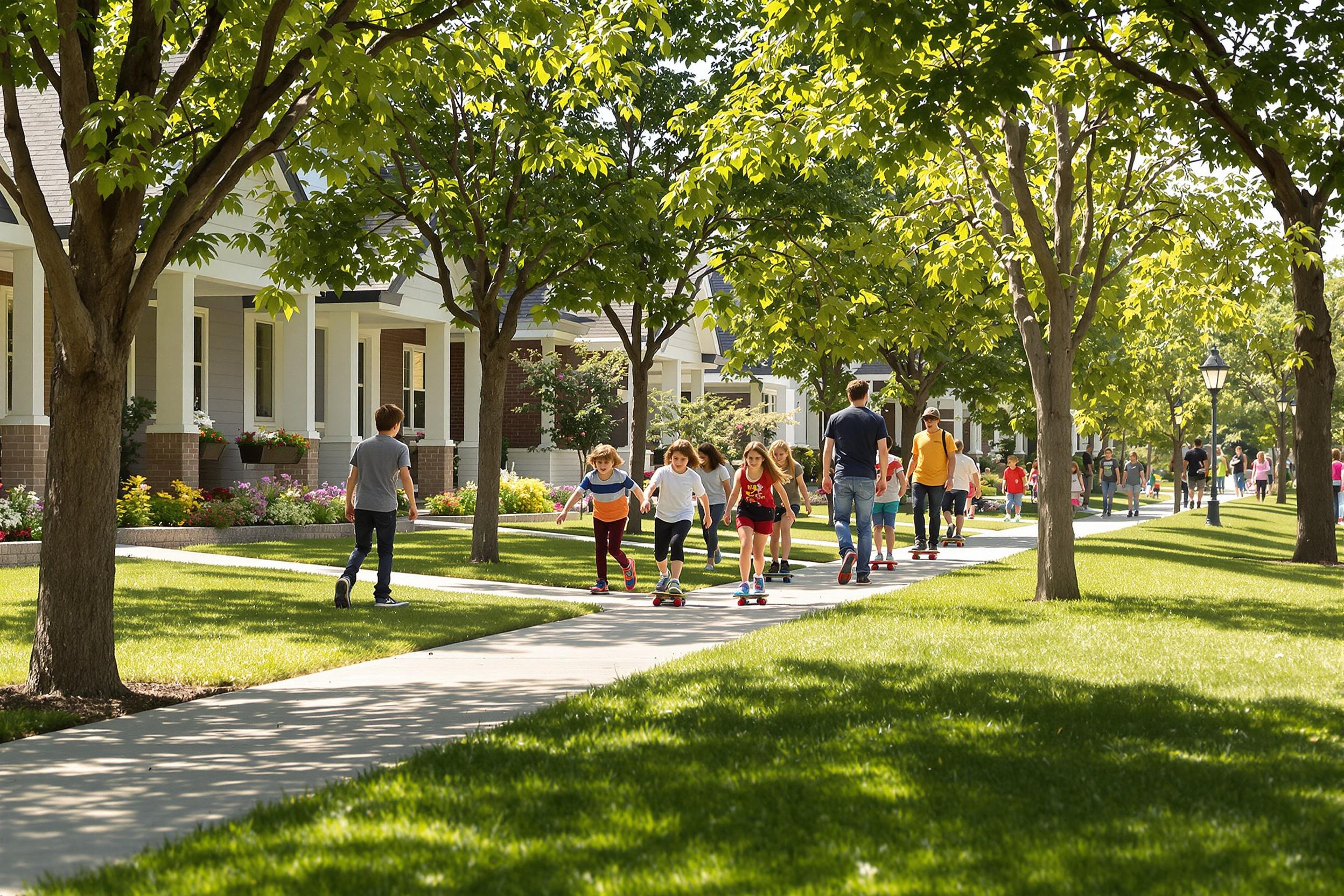 Kids Skateboarding Through Scenic Suburban Street