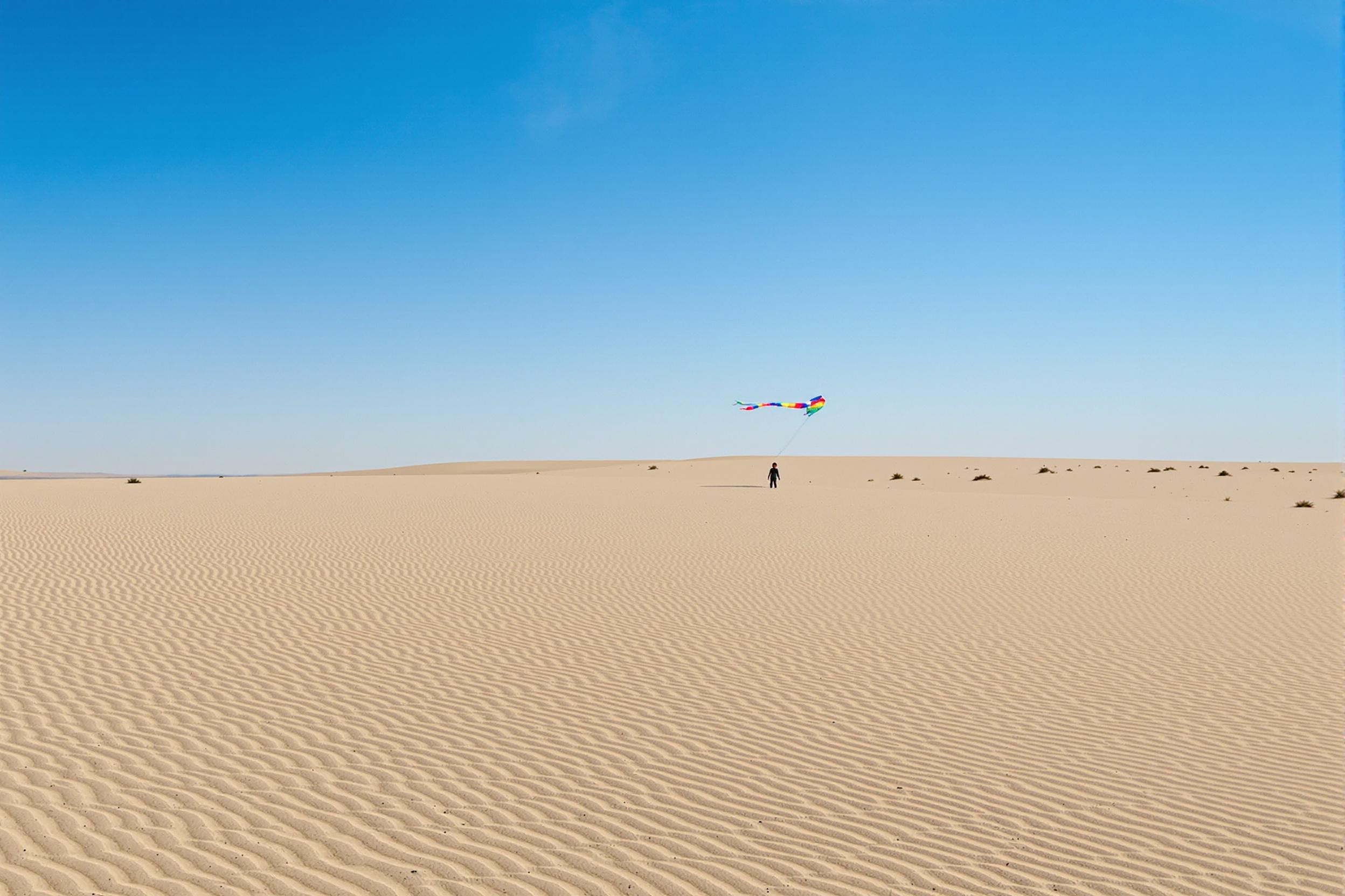 Child Flying Kite Over Desert Plain