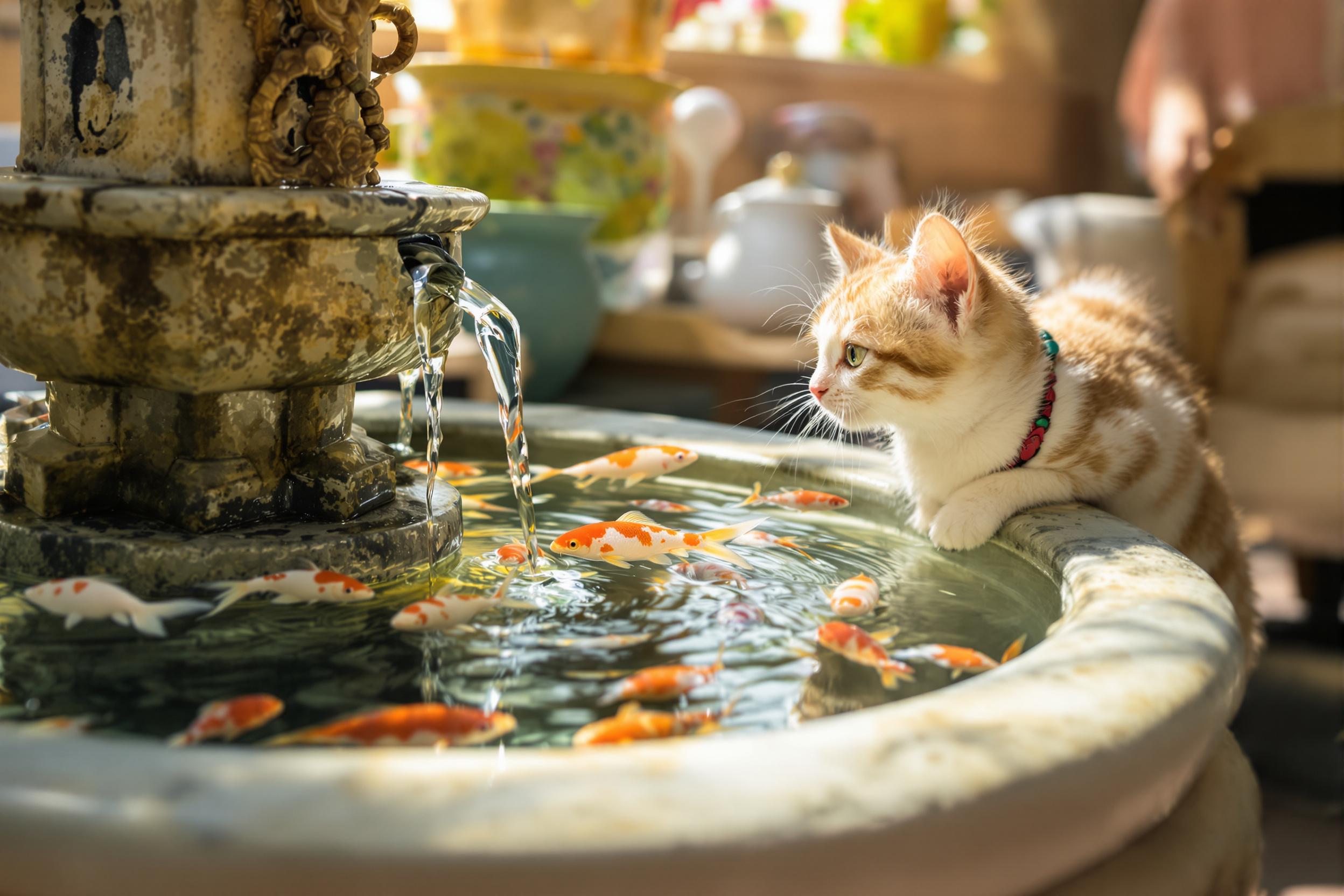 Kitten Observes Koi at Indoor Fountain