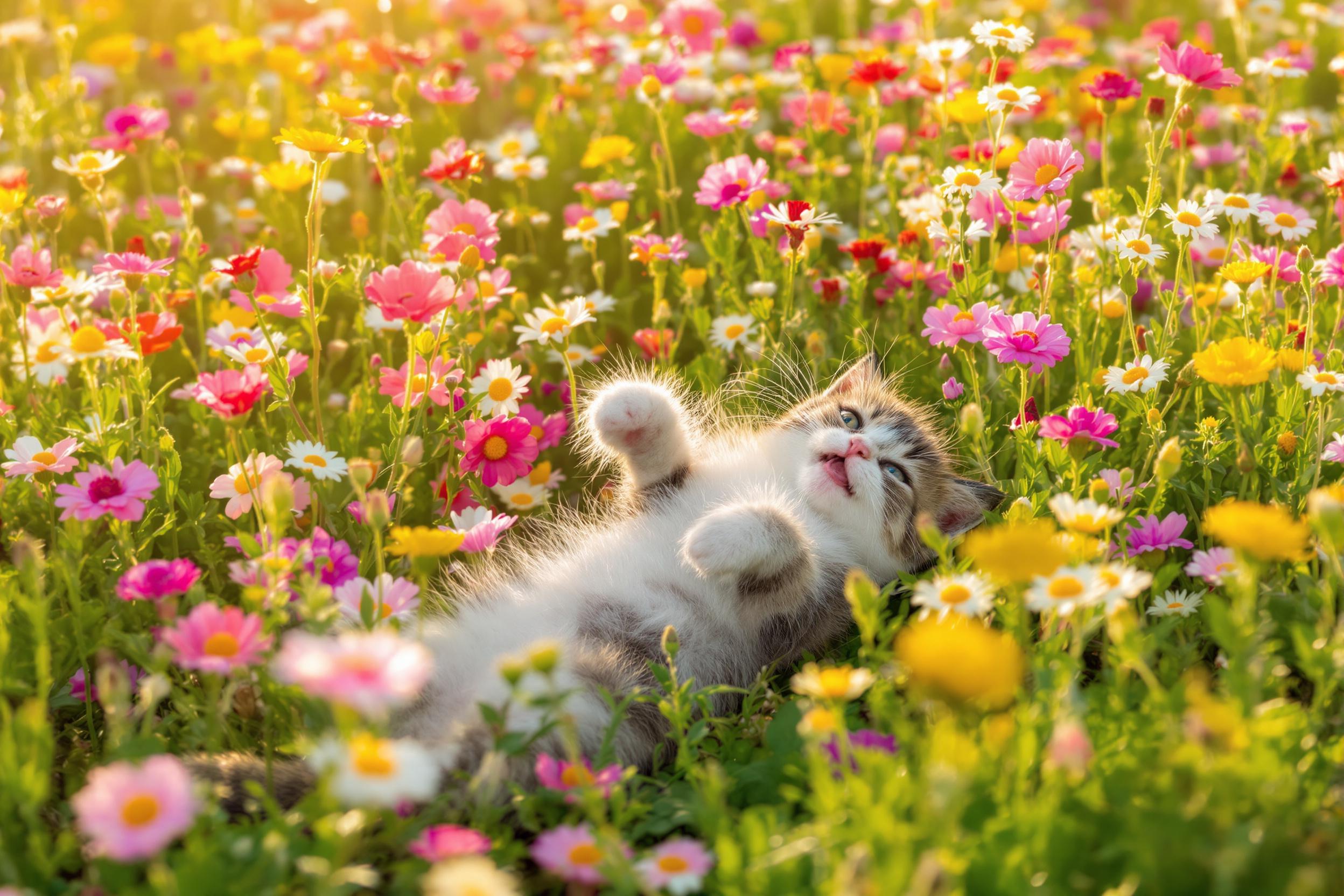 Playful Kitten Among Vibrant Wildflowers in Golden Light