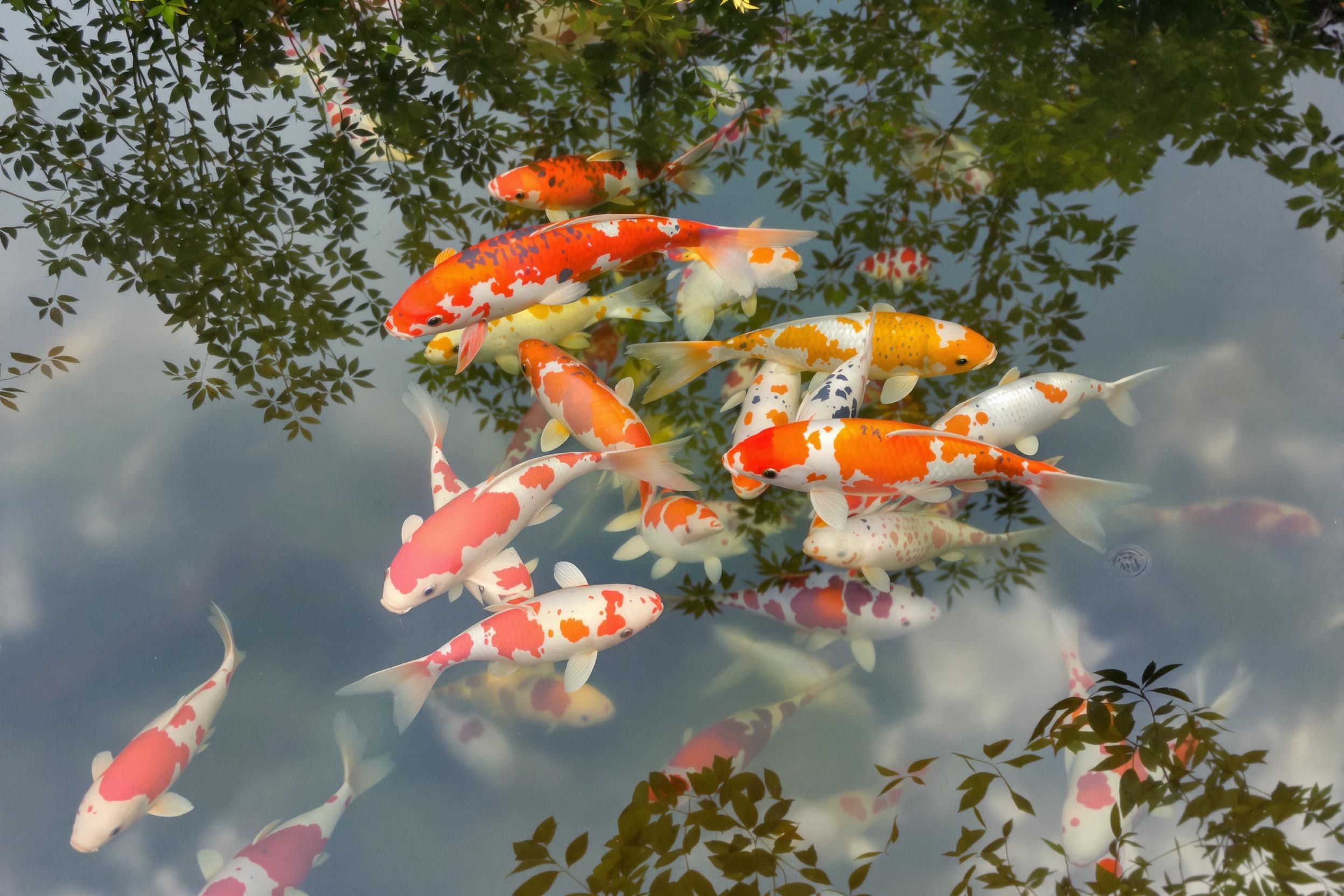 Brightly Colored Koi Fish in Ornamental Pond