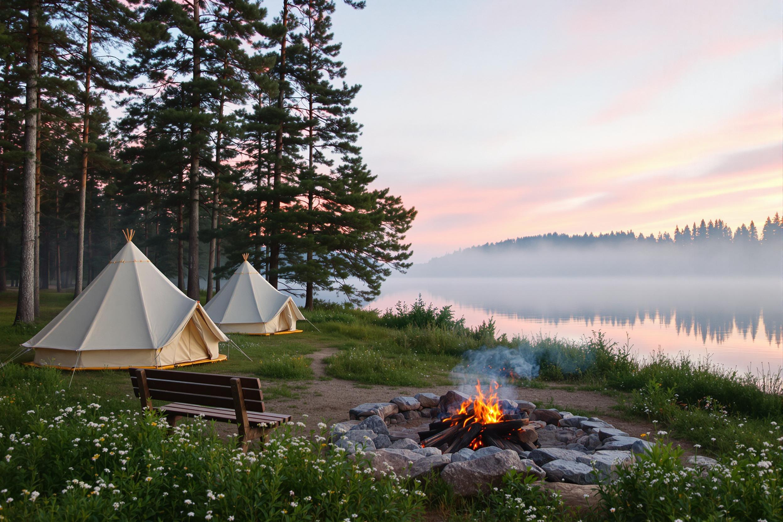 Serene Lakeside Campsite at Dawn