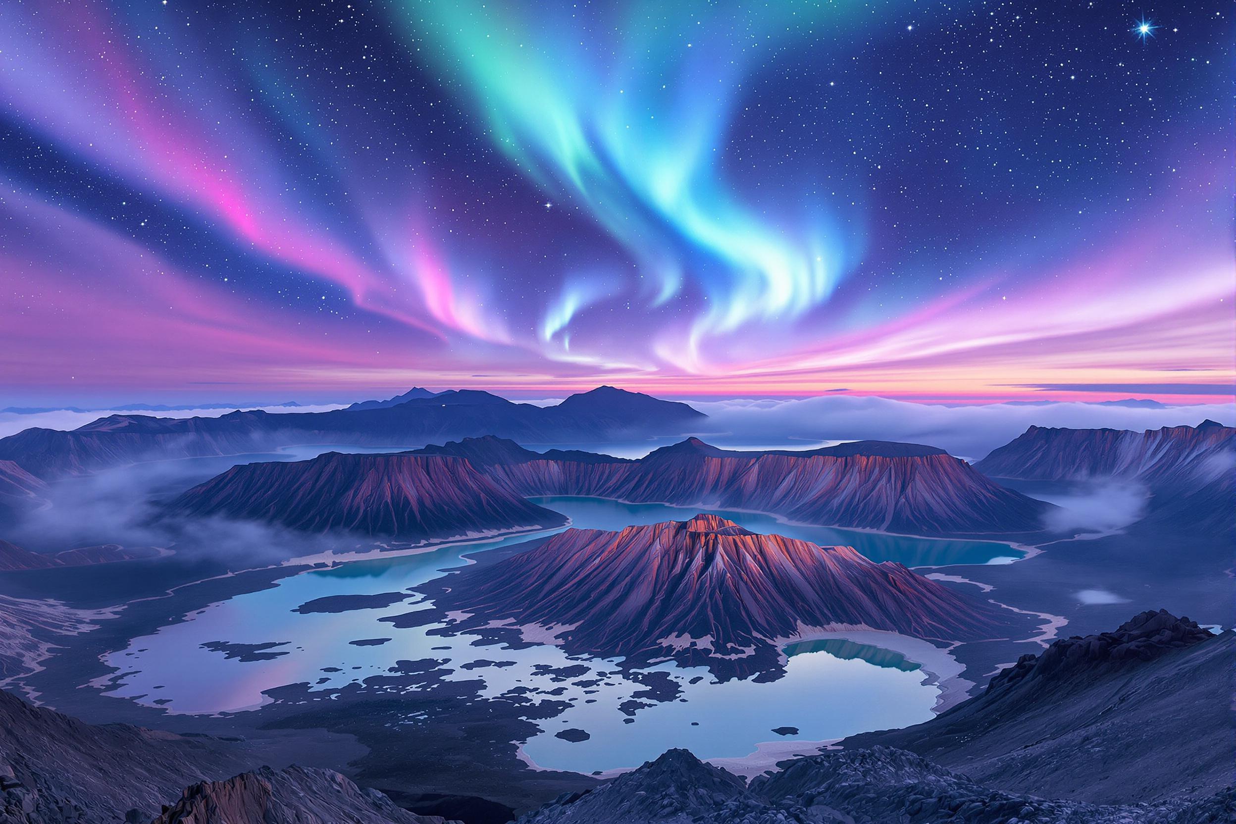 Celestial volcanic plateau under pastel auroras