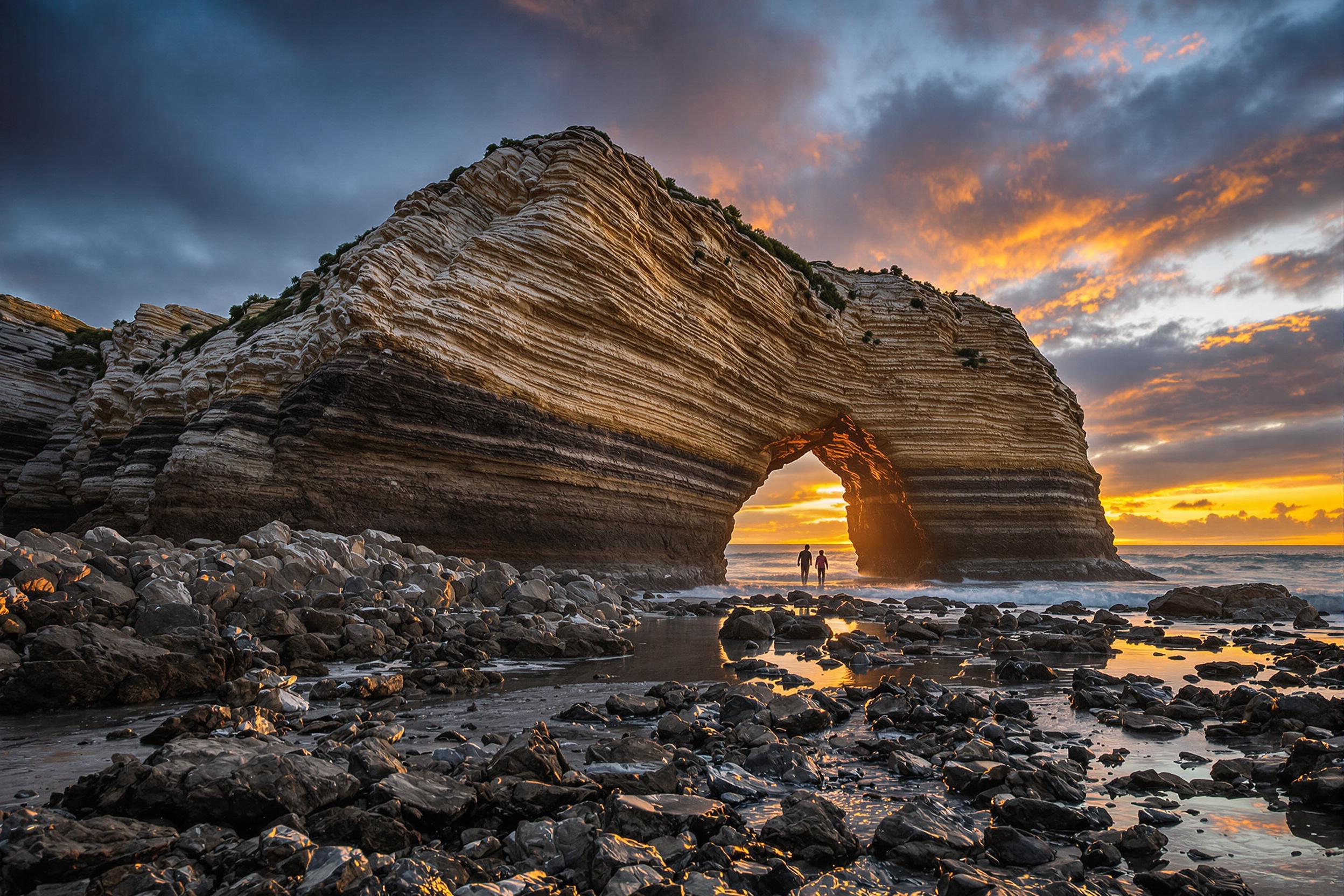 Lone Wanderer At Low-Tide Sea Arch