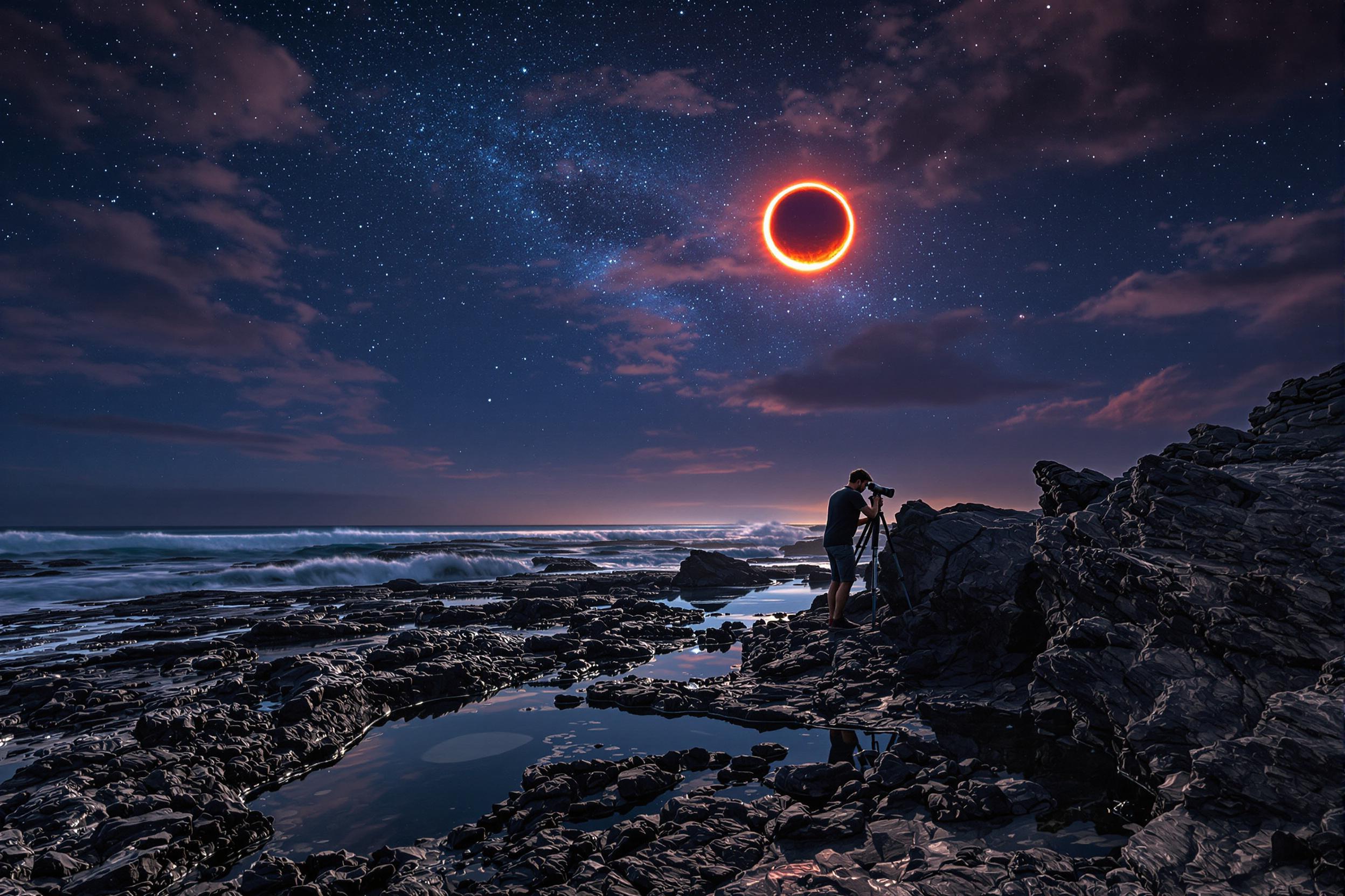 Lunar Eclipse Above Volcanic Shoreline Majesty