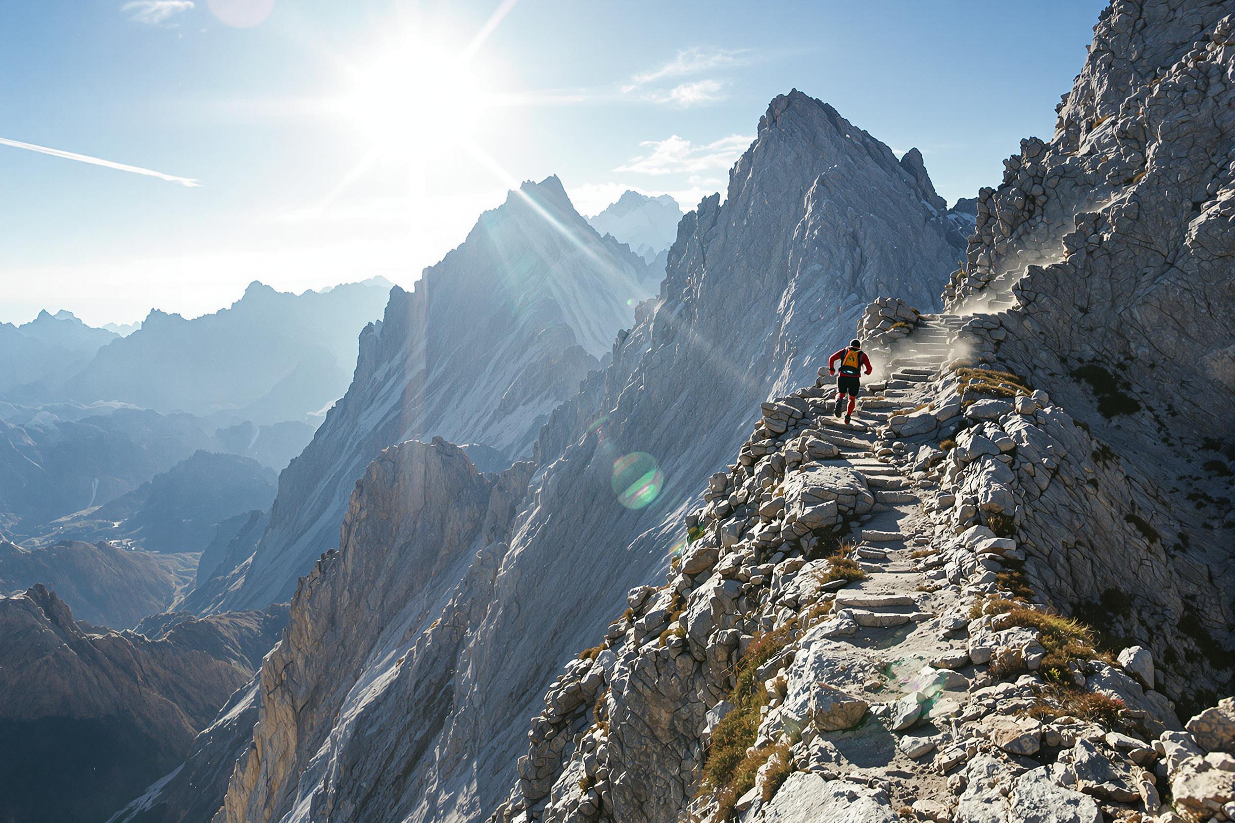 Ultrarunner Scaling Alpine Ridge Amid Midday Sun