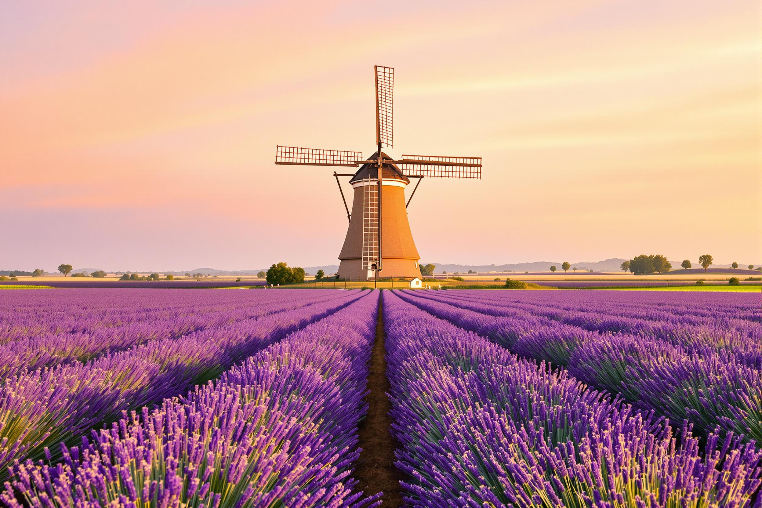 Windmill Amid Lavender Fields at Golden Hour