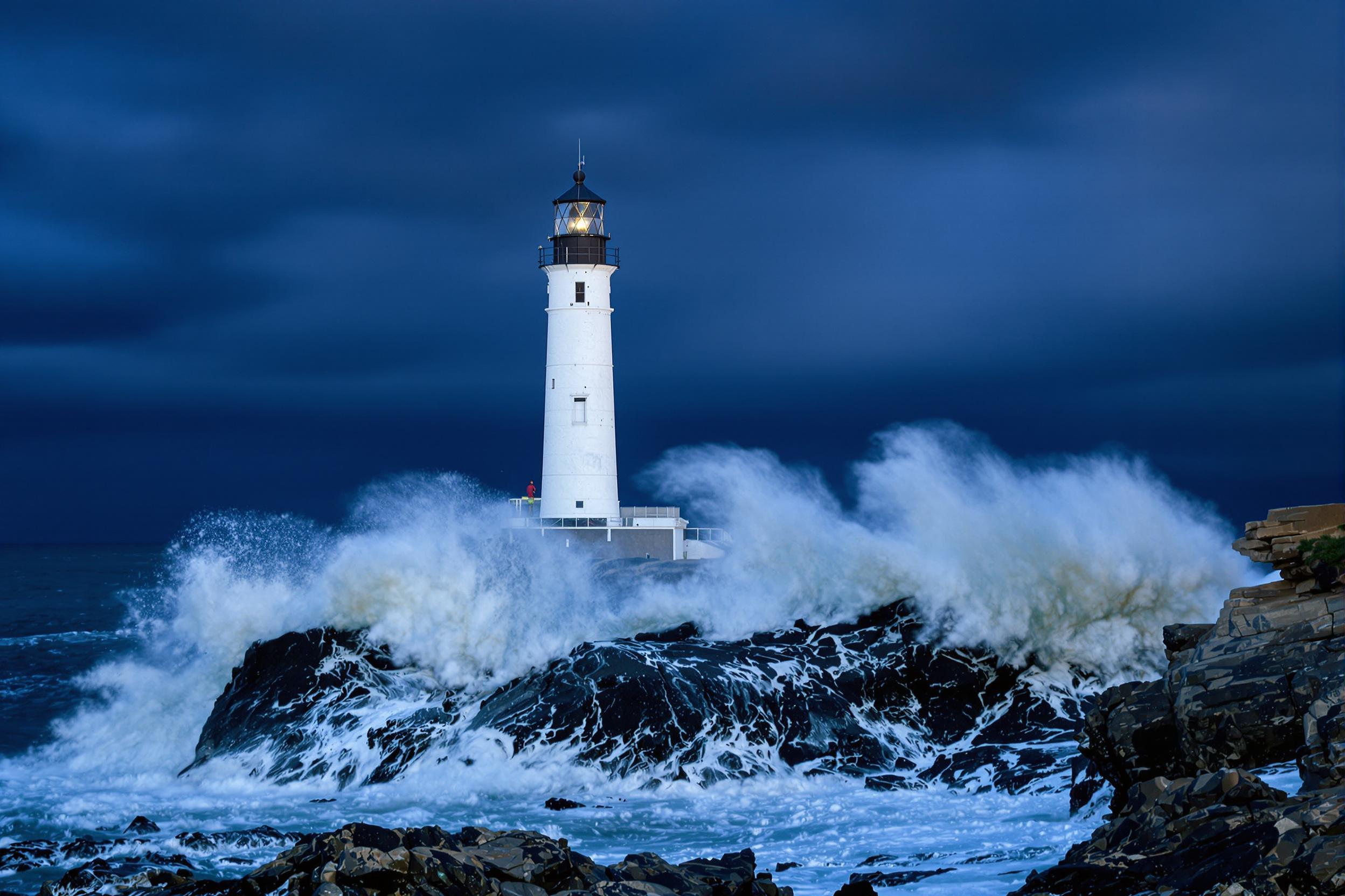 Lighthouse Defying Stormy Seas at Dusk