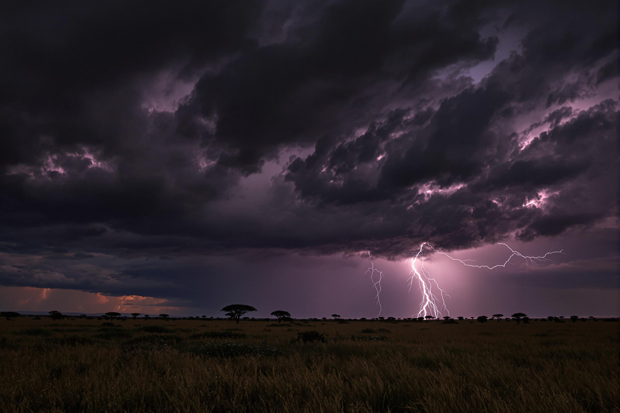 Lightning Strikes Over African Savanna at Night