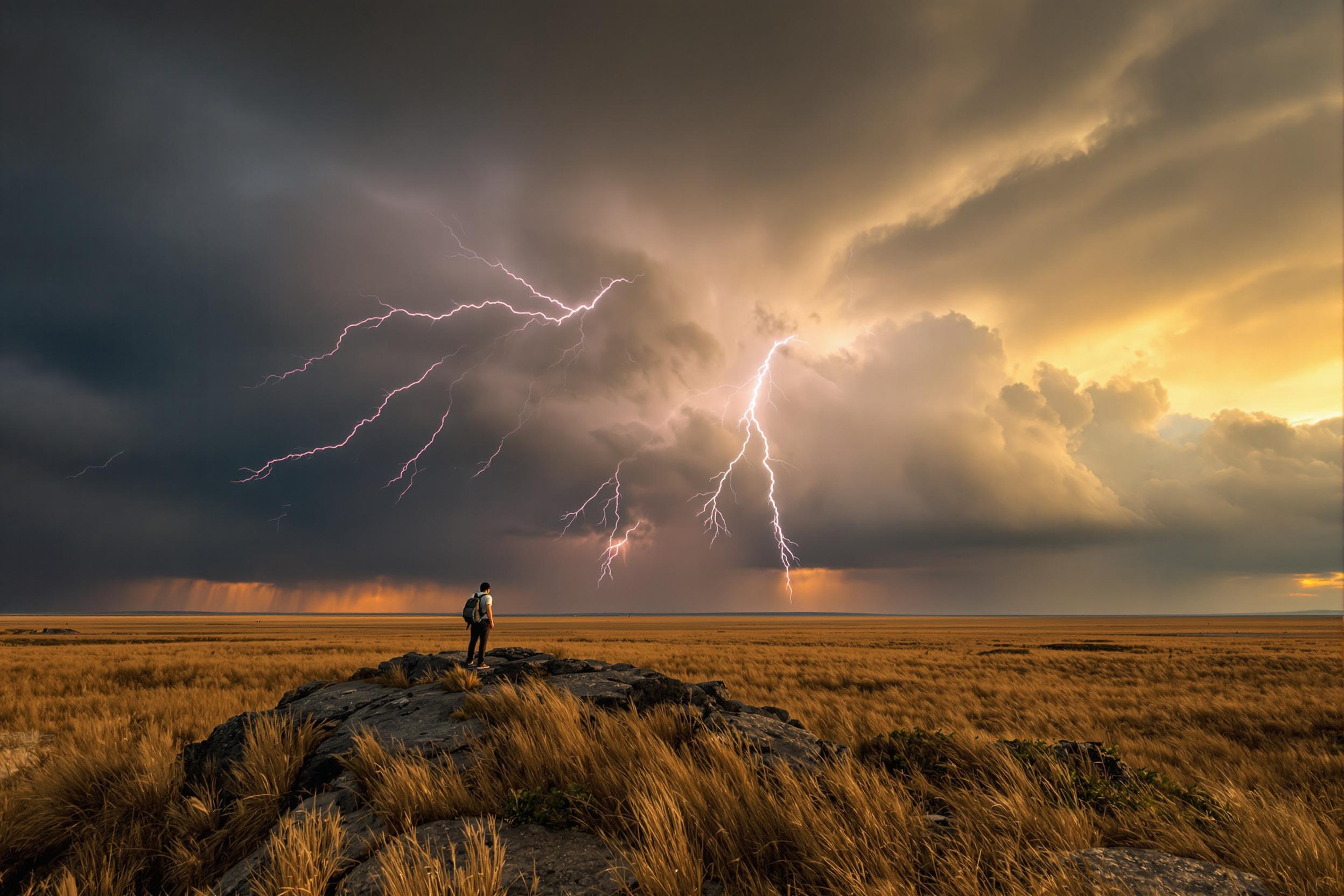 Adventurer Witnessing Prairie Lightning Storm